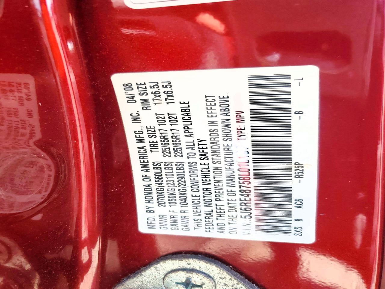 2008 Honda Cr-v Exl Red vin: 5J6RE48758L016197