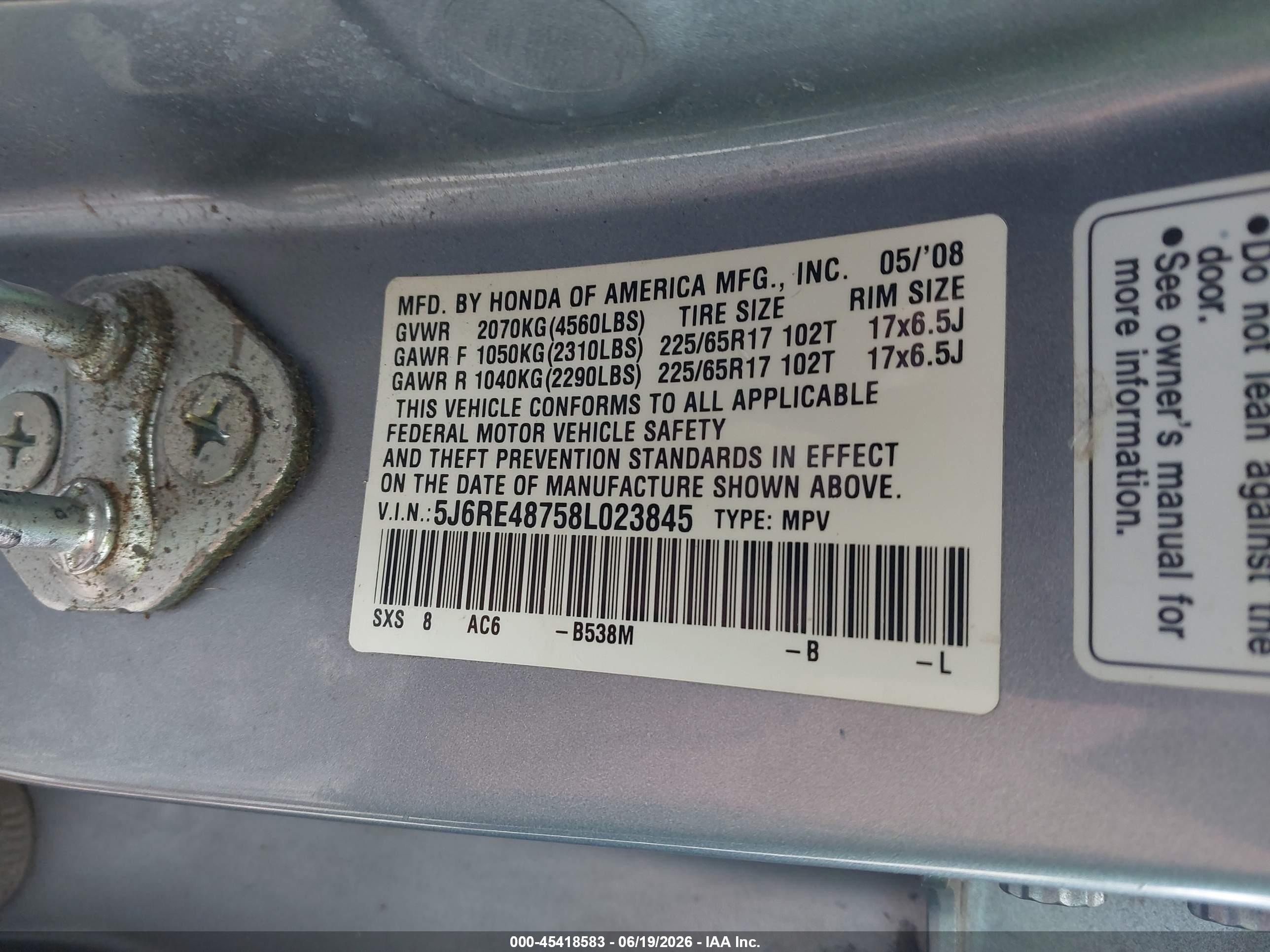 2008 Honda Cr-v Ex-l Blue vin: 5J6RE48758L023845