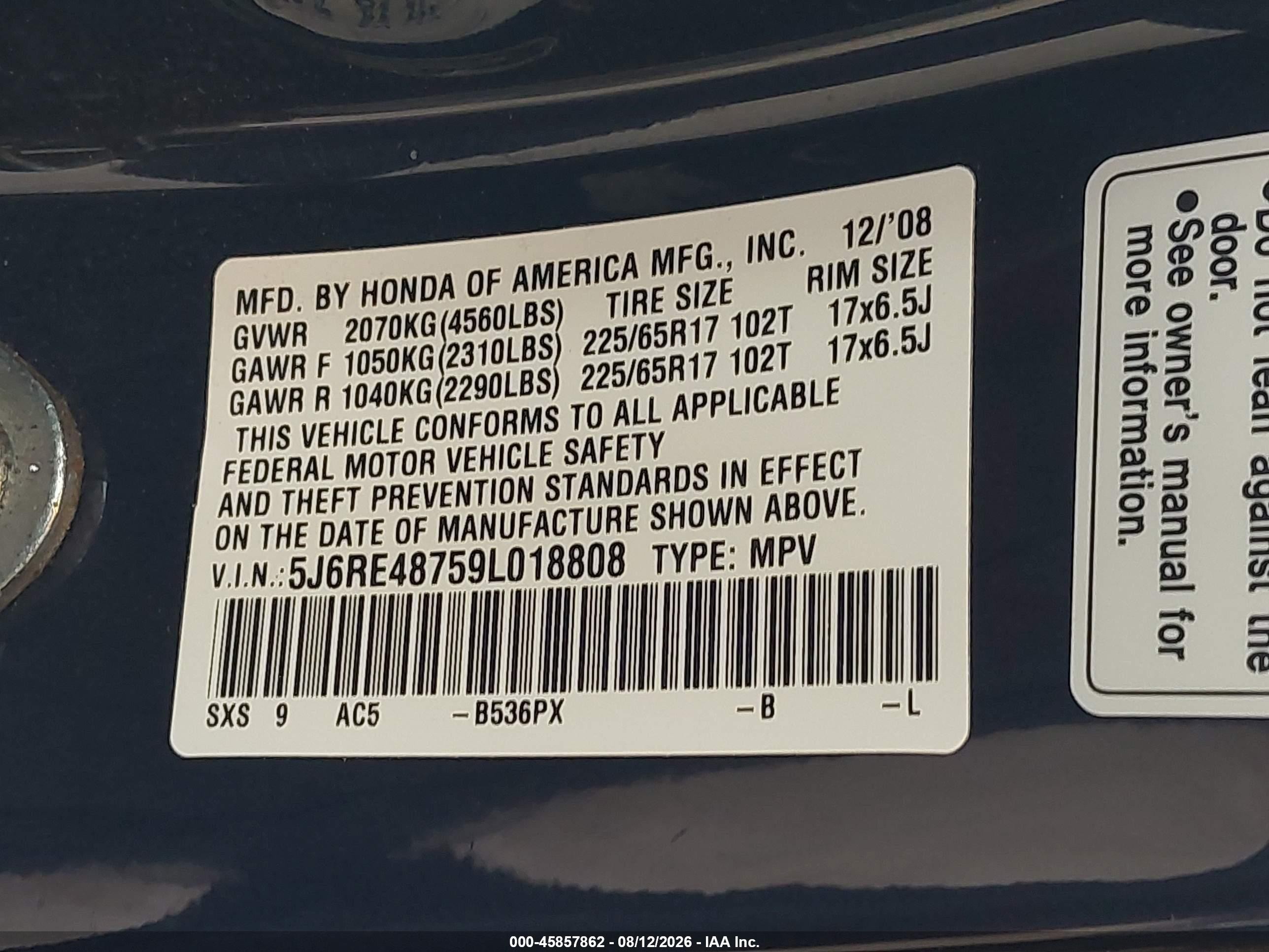 2009 Honda Cr-v Ex-l Blue vin: 5J6RE48759L018808
