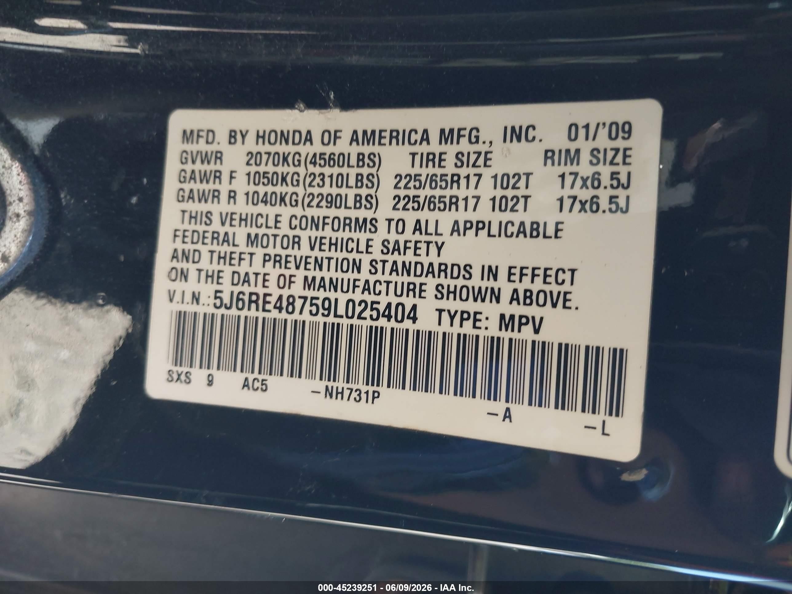 2009 Honda Cr-v Ex-l Black vin: 5J6RE48759L025404