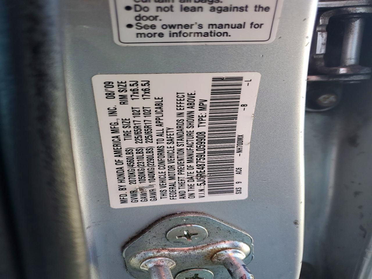 2009 Honda Cr-v Exl Серебряный vin: 5J6RE48759L059908