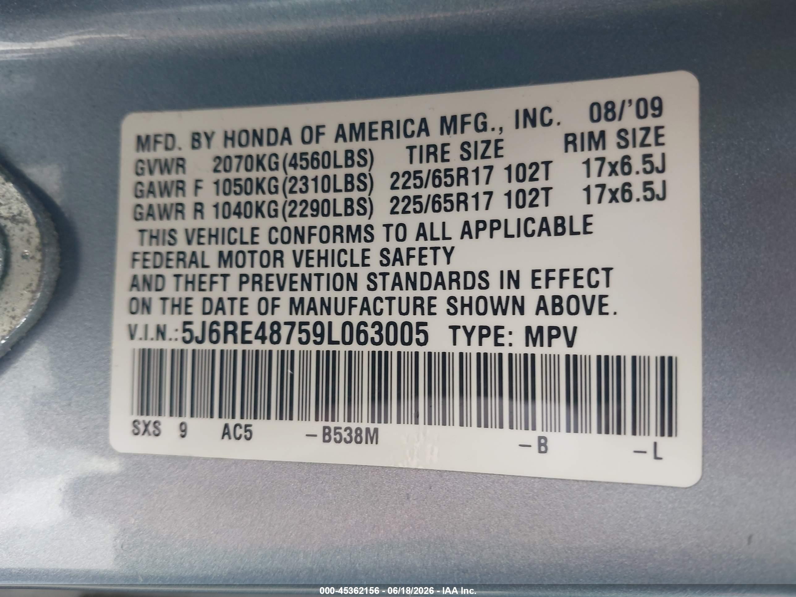 2009 Honda Cr-v Ex-l Light Blue vin: 5J6RE48759L063005