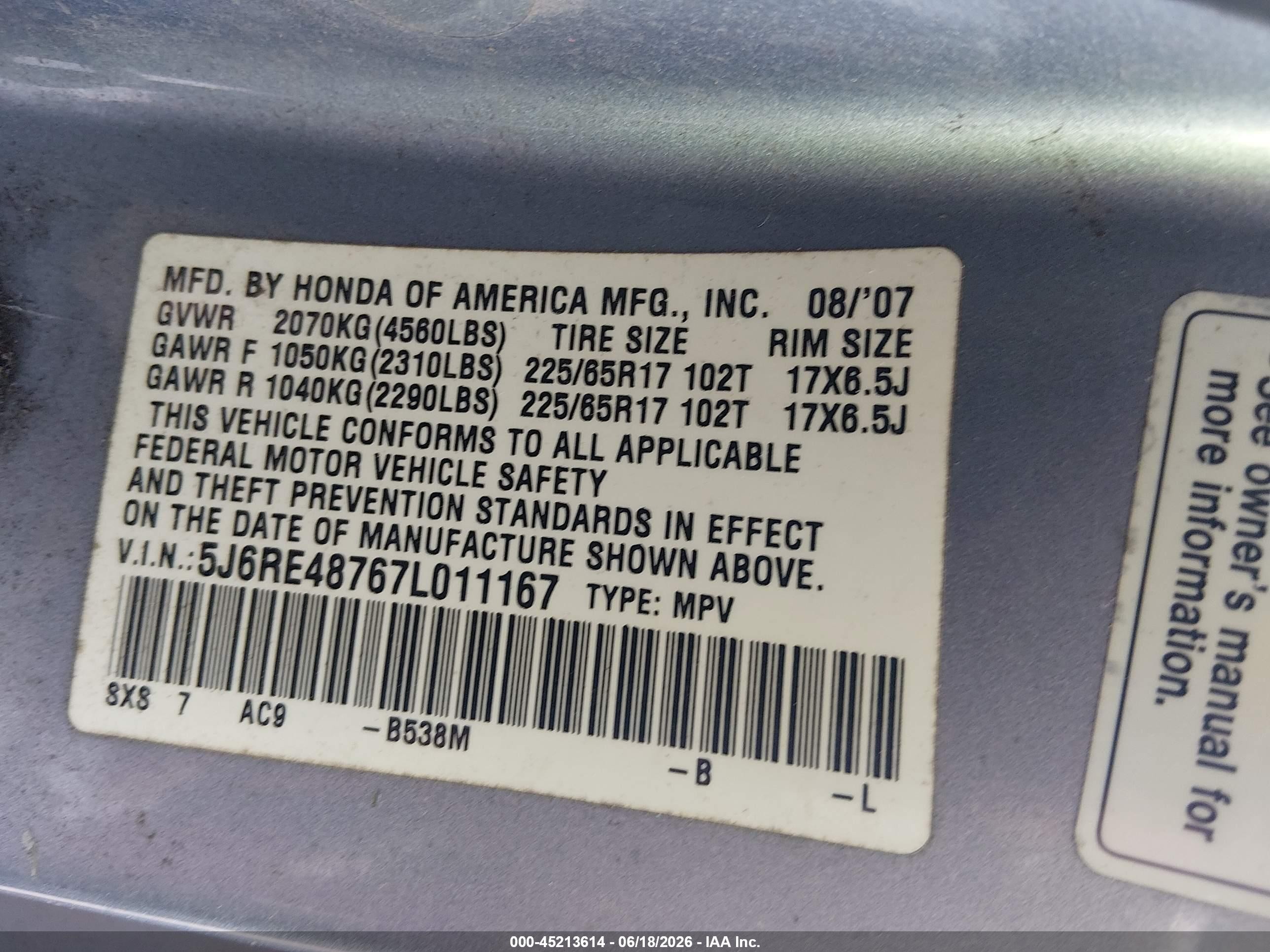 2007 Honda Cr-v Ex-l Blue vin: 5J6RE48767L011167