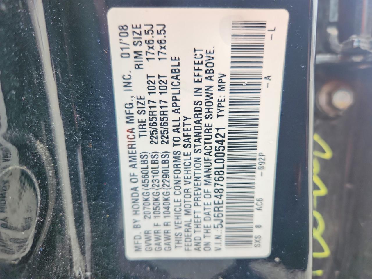 2008 Honda Cr-v Exl Черный vin: 5J6RE48768L005421