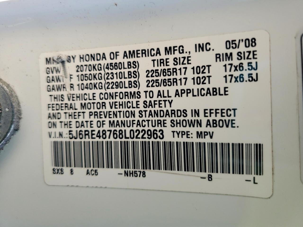 2008 Honda Cr-v Exl White vin: 5J6RE48768L022963