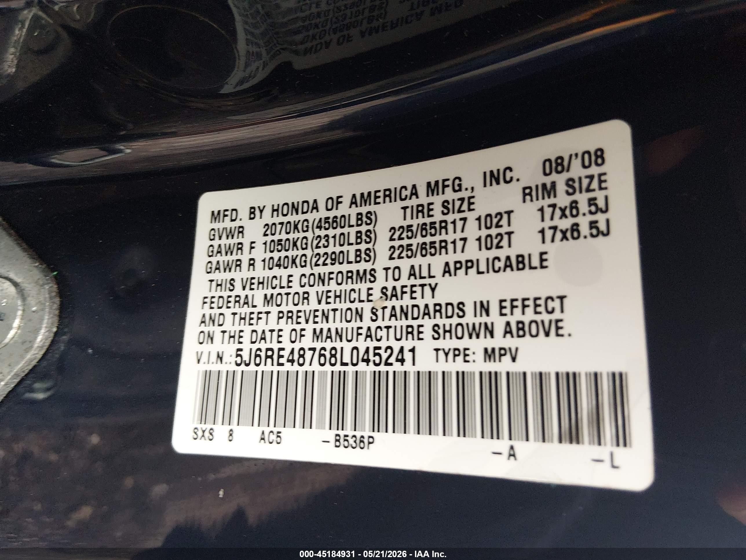 2008 Honda Cr-v Ex-l Blue vin: 5J6RE48768L045241