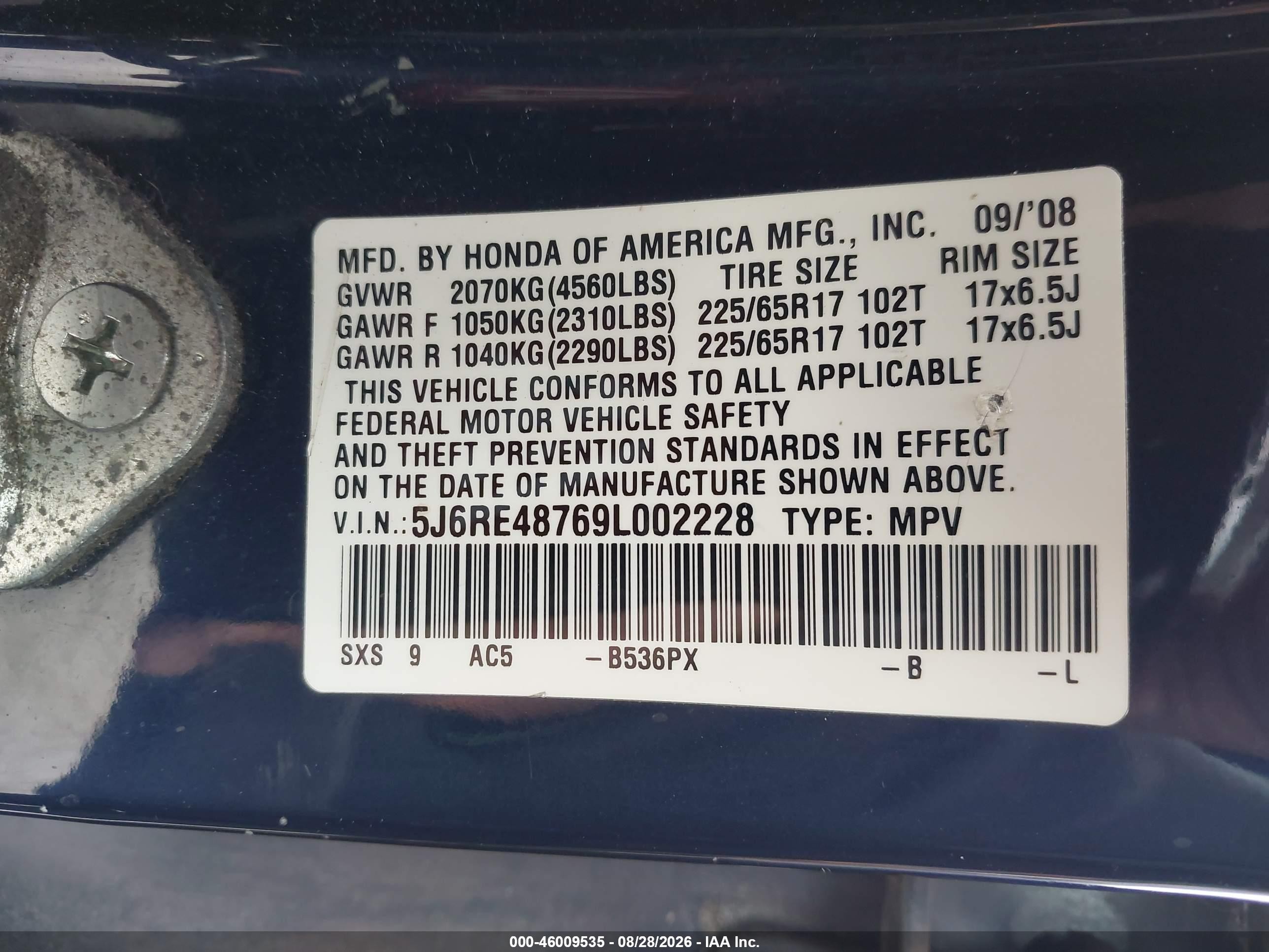2009 Honda Cr-v Ex-l Dark Blue vin: 5J6RE48769L002228