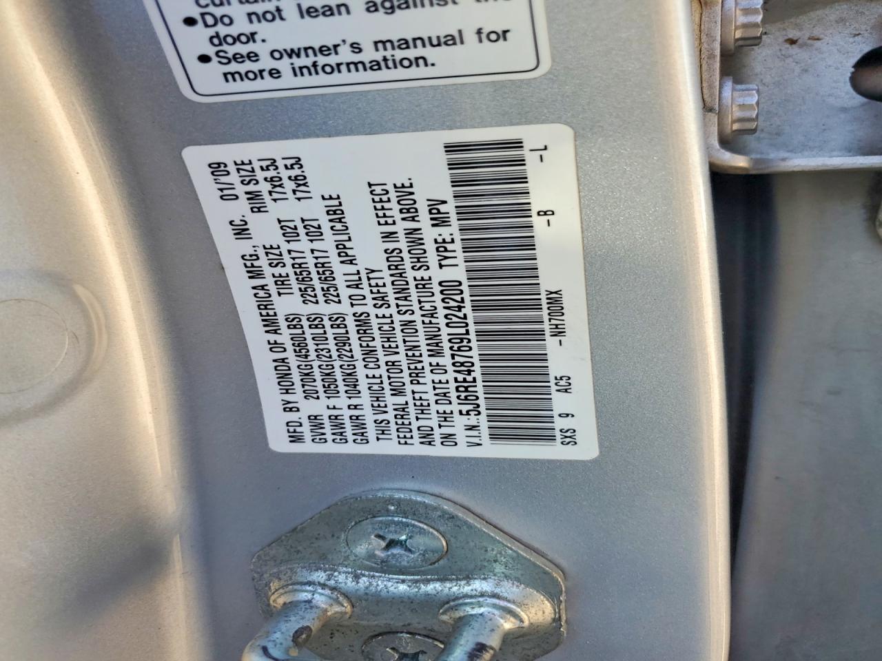 2009 Honda Cr-v Exl Silver vin: 5J6RE48769L024200