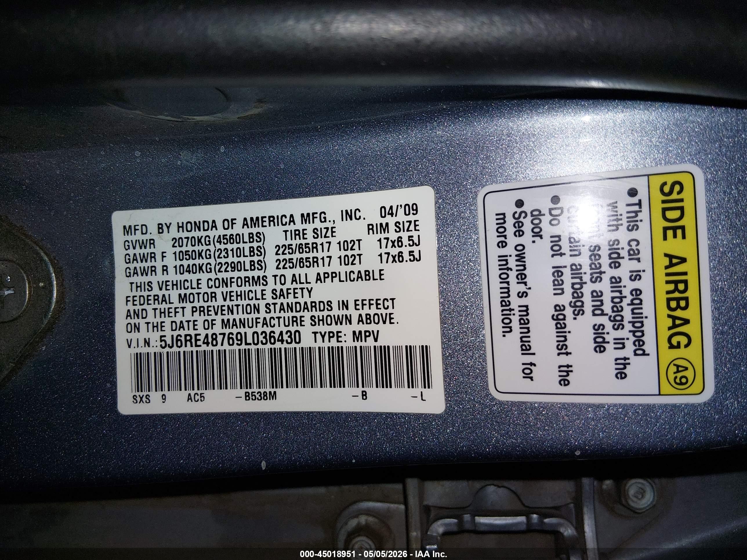 2009 Honda Cr-v Ex-l Light Blue vin: 5J6RE48769L036430