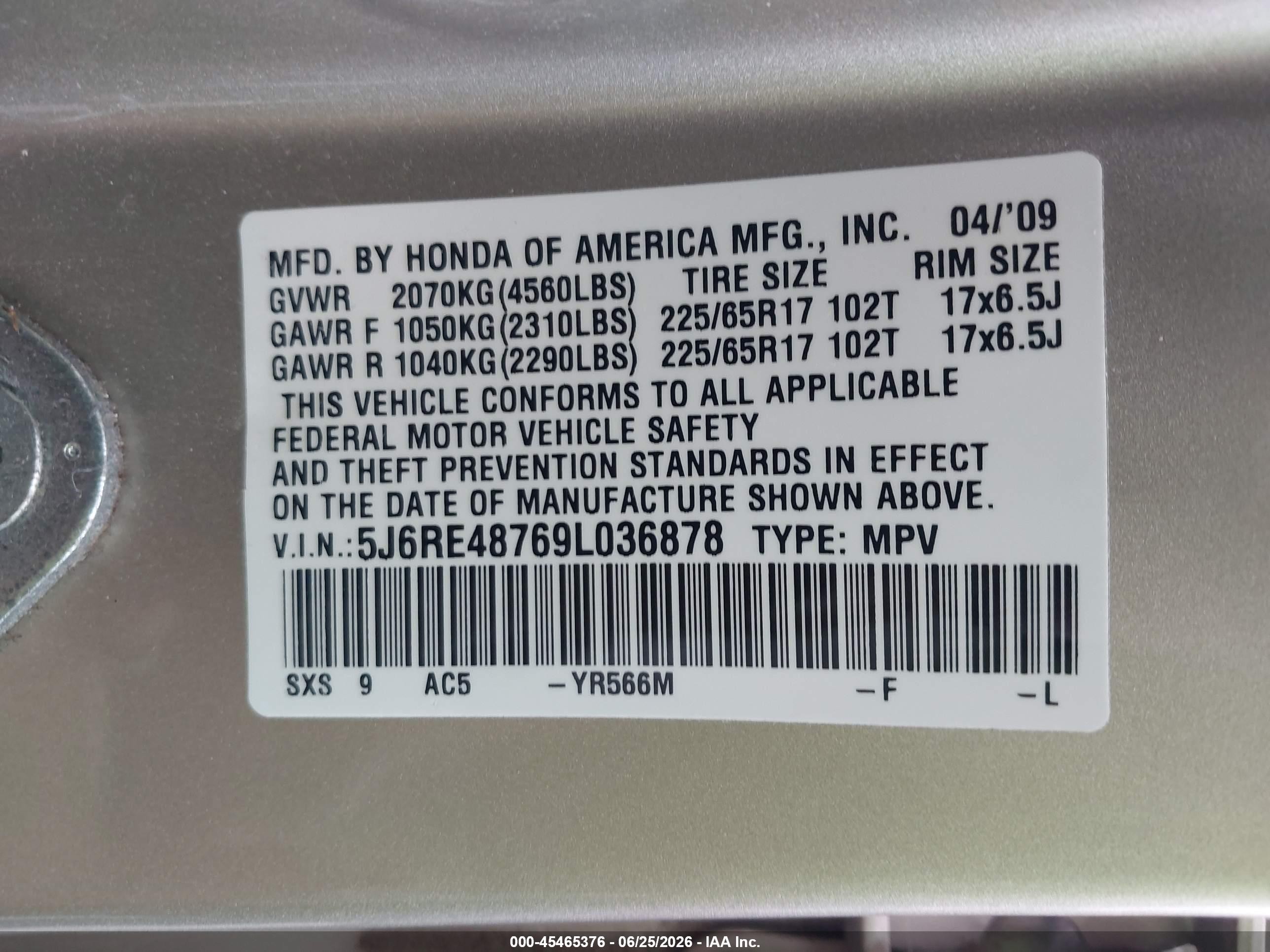 2009 Honda Cr-v Ex-l Champagne vin: 5J6RE48769L036878