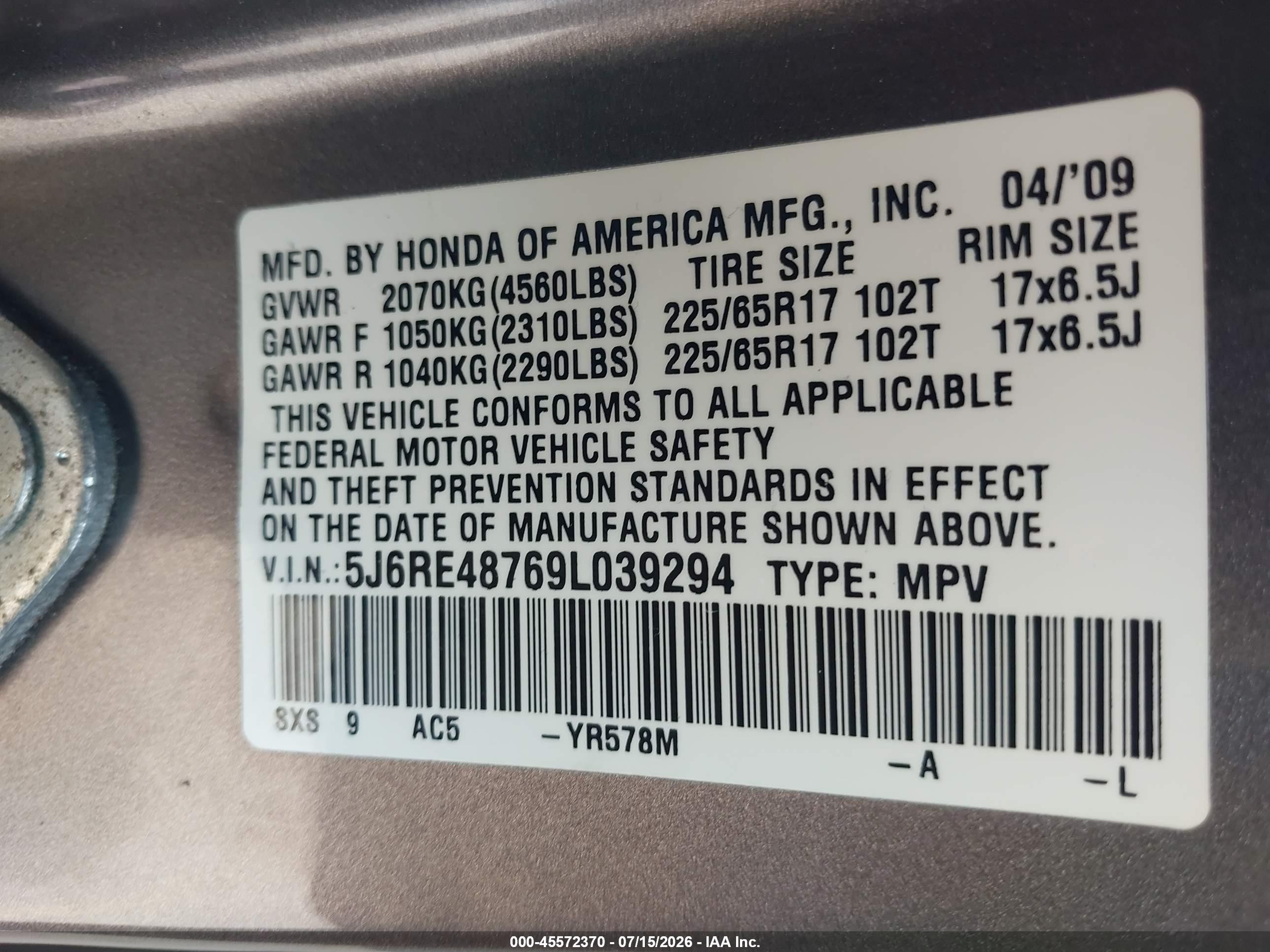 2009 Honda Cr-v Ex-l Коричневый vin: 5J6RE48769L039294