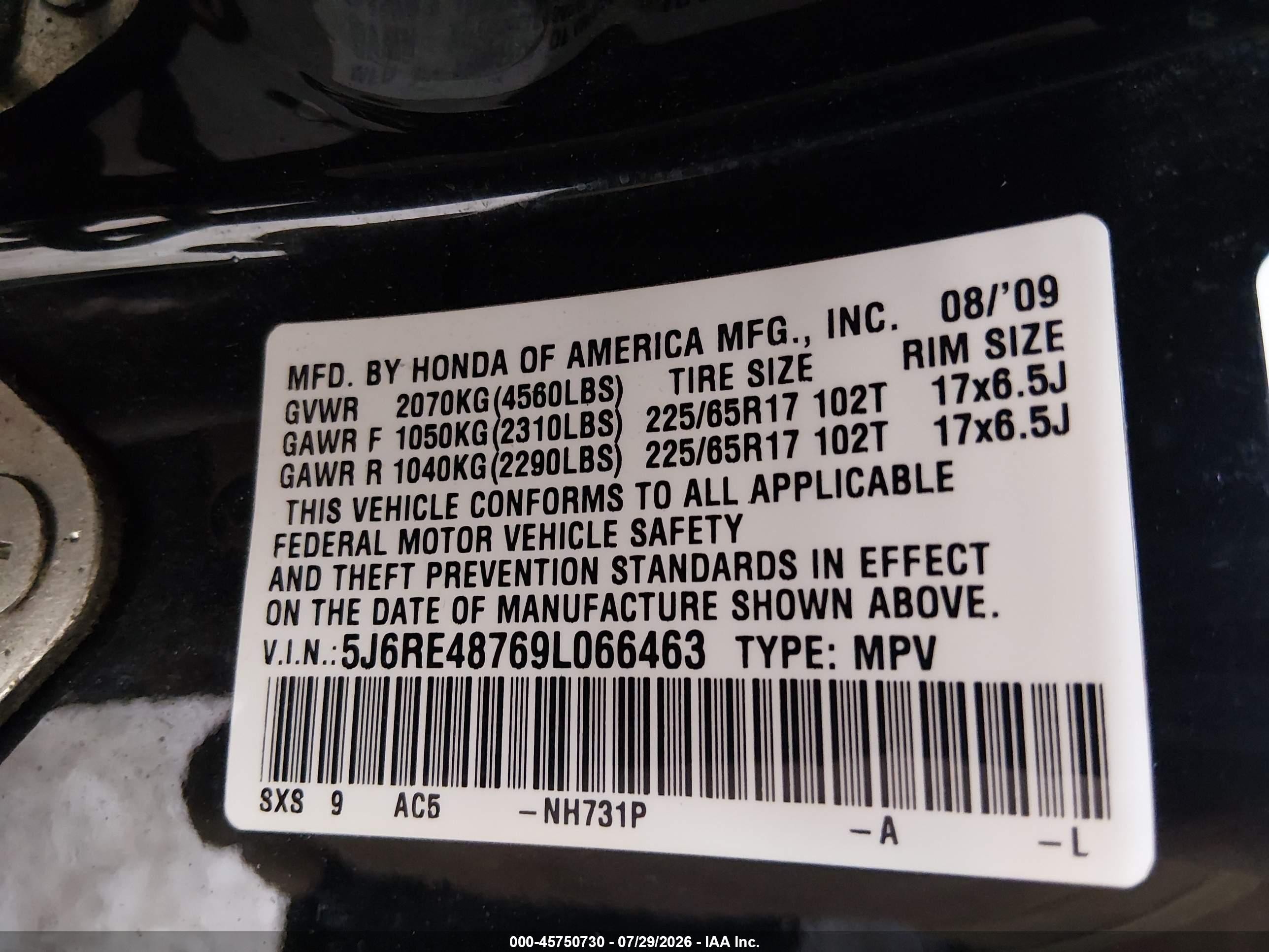 2009 Honda Cr-v Ex-l Black vin: 5J6RE48769L066463