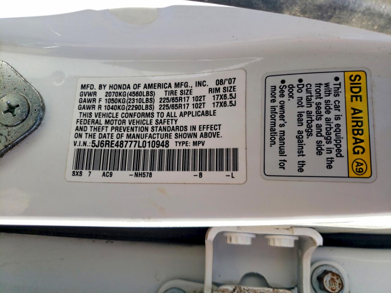 2007 Honda Cr-v Exl White vin: 5J6RE48777L010948