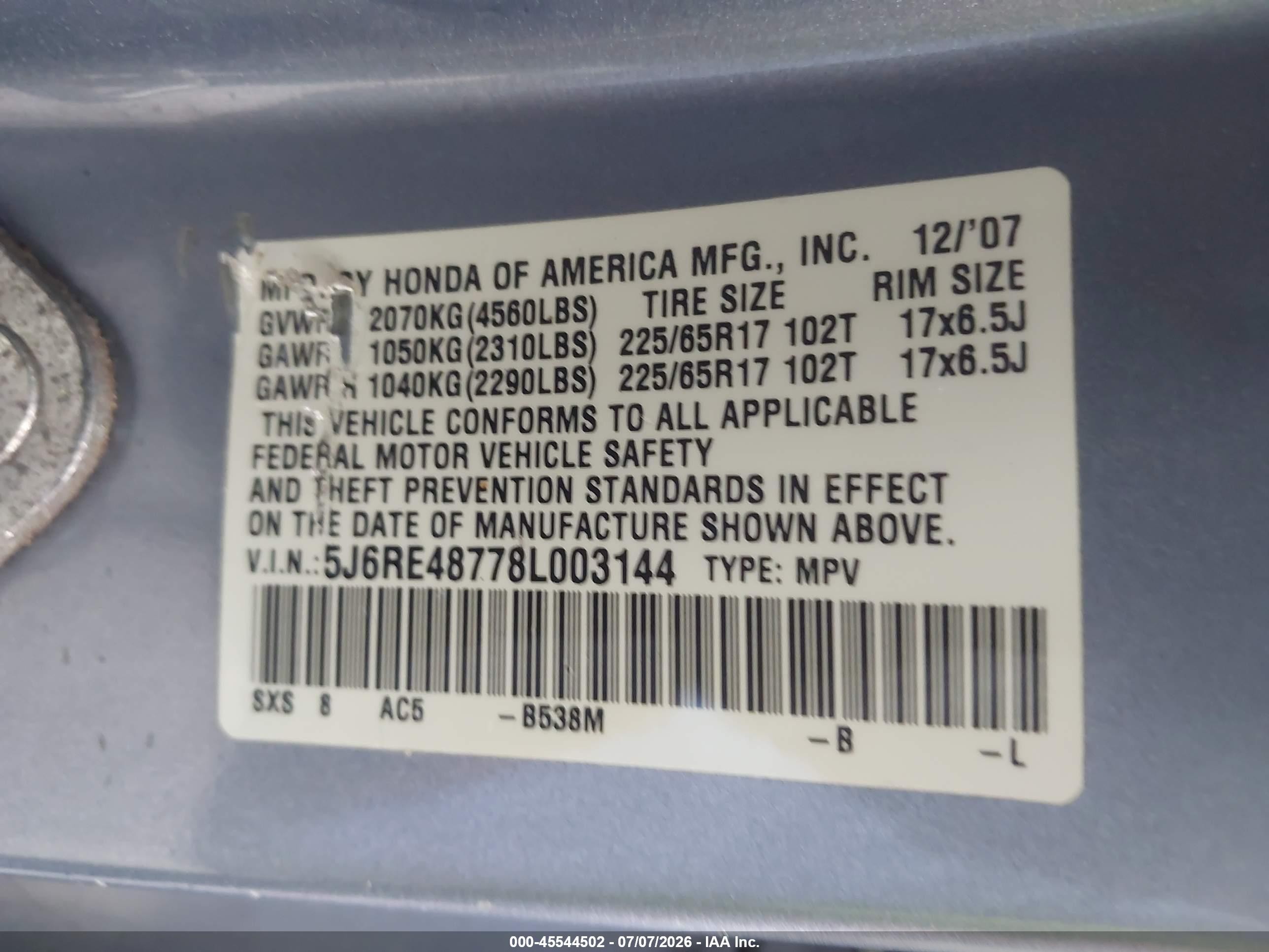 2008 Honda Cr-v Ex-l Blue vin: 5J6RE48778L003144