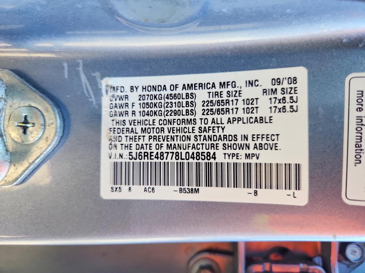 2008 Honda Cr-v Exl Blue vin: 5J6RE48778L048584