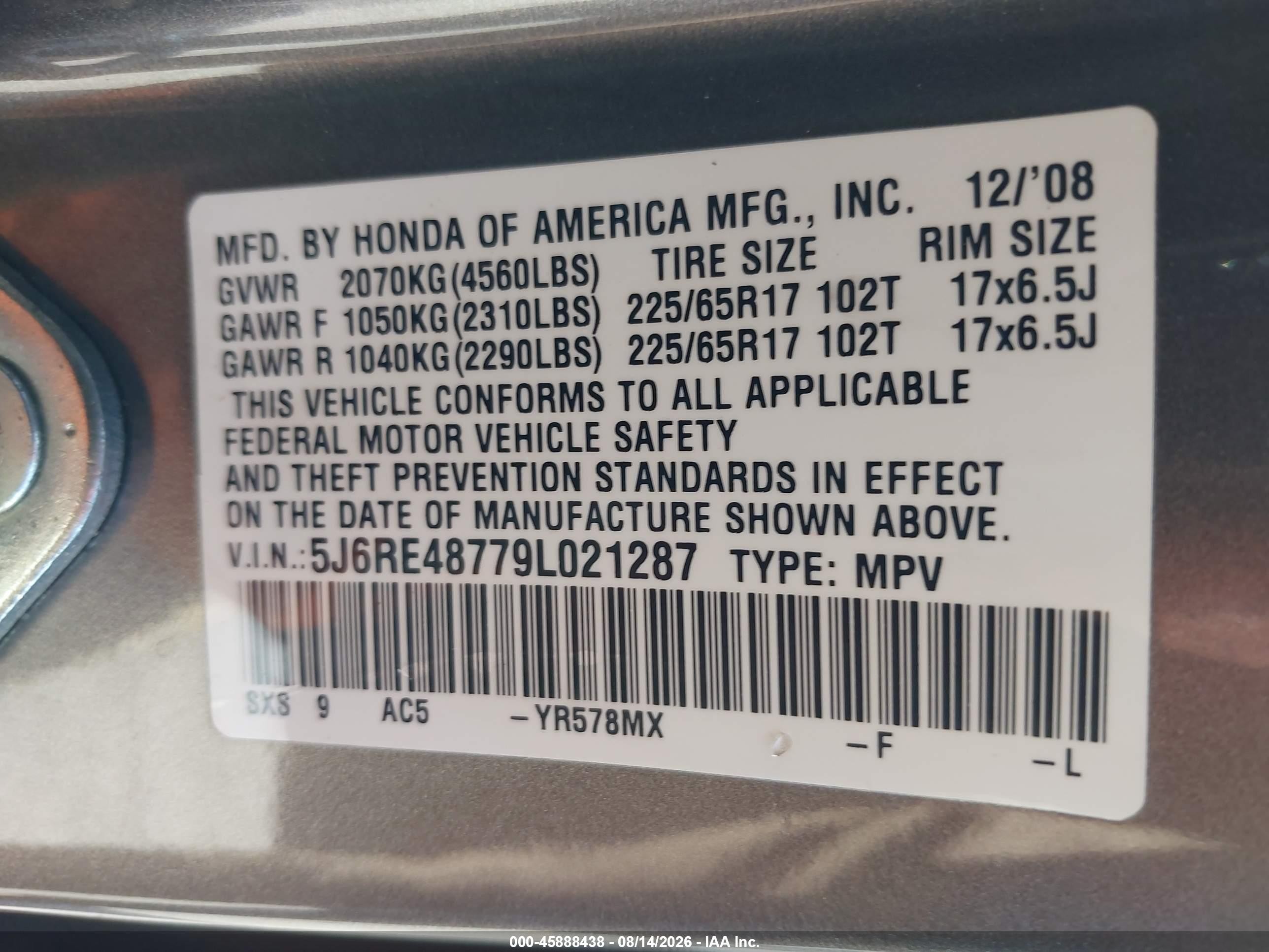 2009 Honda Cr-v Ex-l Champagne vin: 5J6RE48779L021287