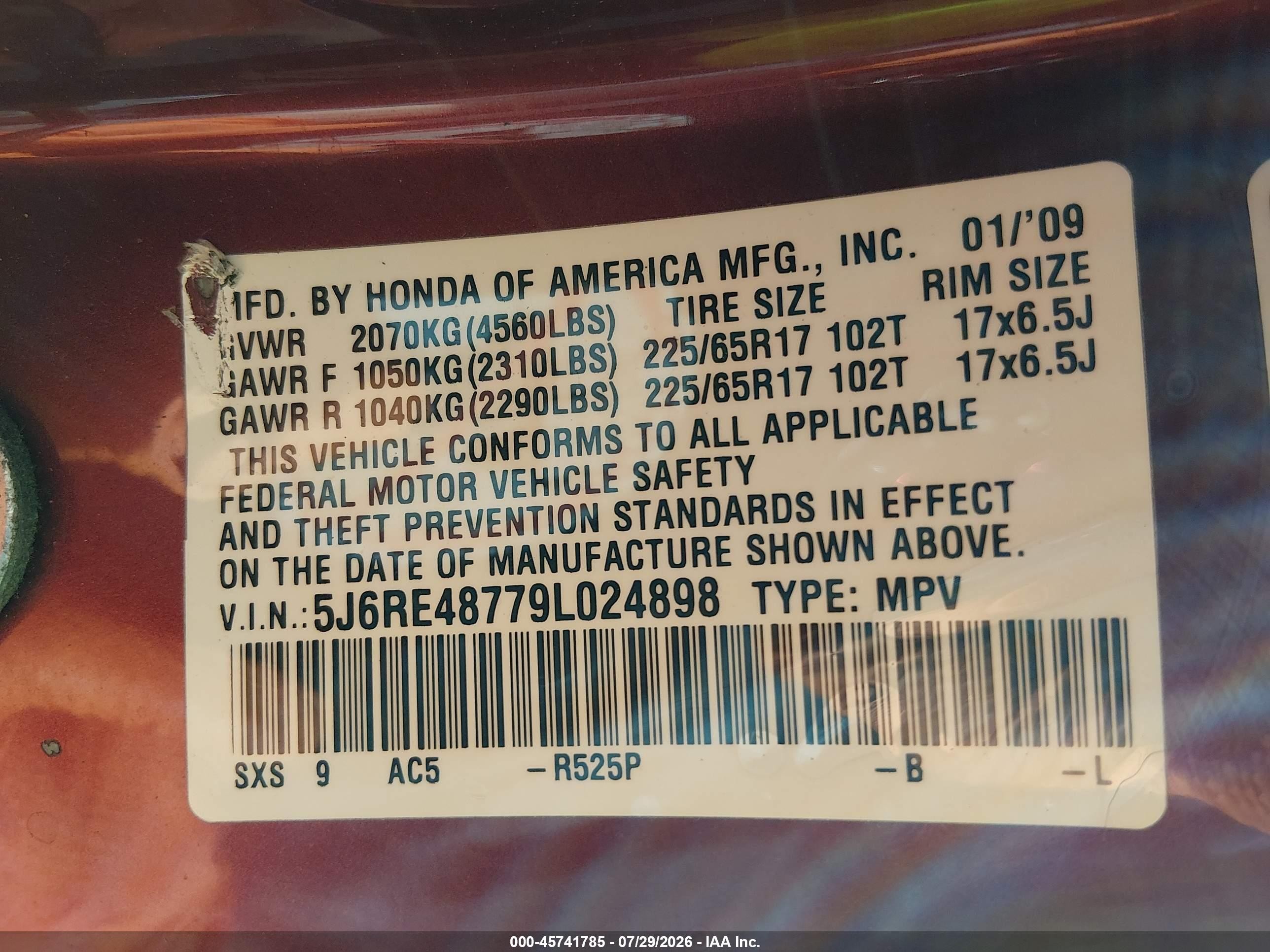 2009 Honda Cr-v Ex-l Burgundy vin: 5J6RE48779L024898