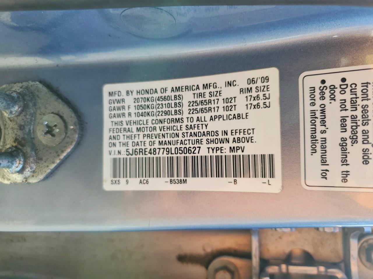 2009 Honda Cr-v Exl Blue vin: 5J6RE48779L050627