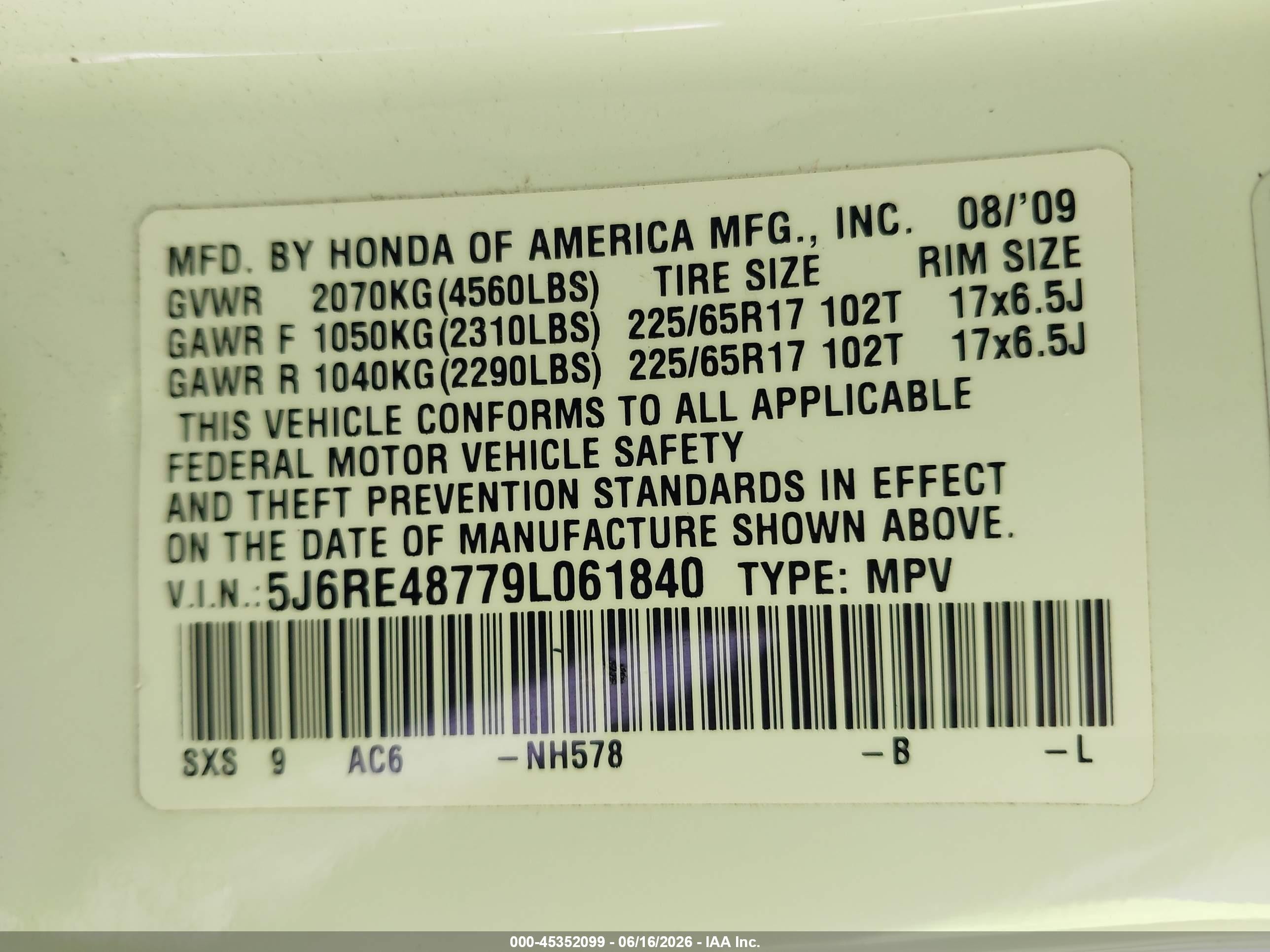 2009 Honda Cr-v Ex-l White vin: 5J6RE48779L061840