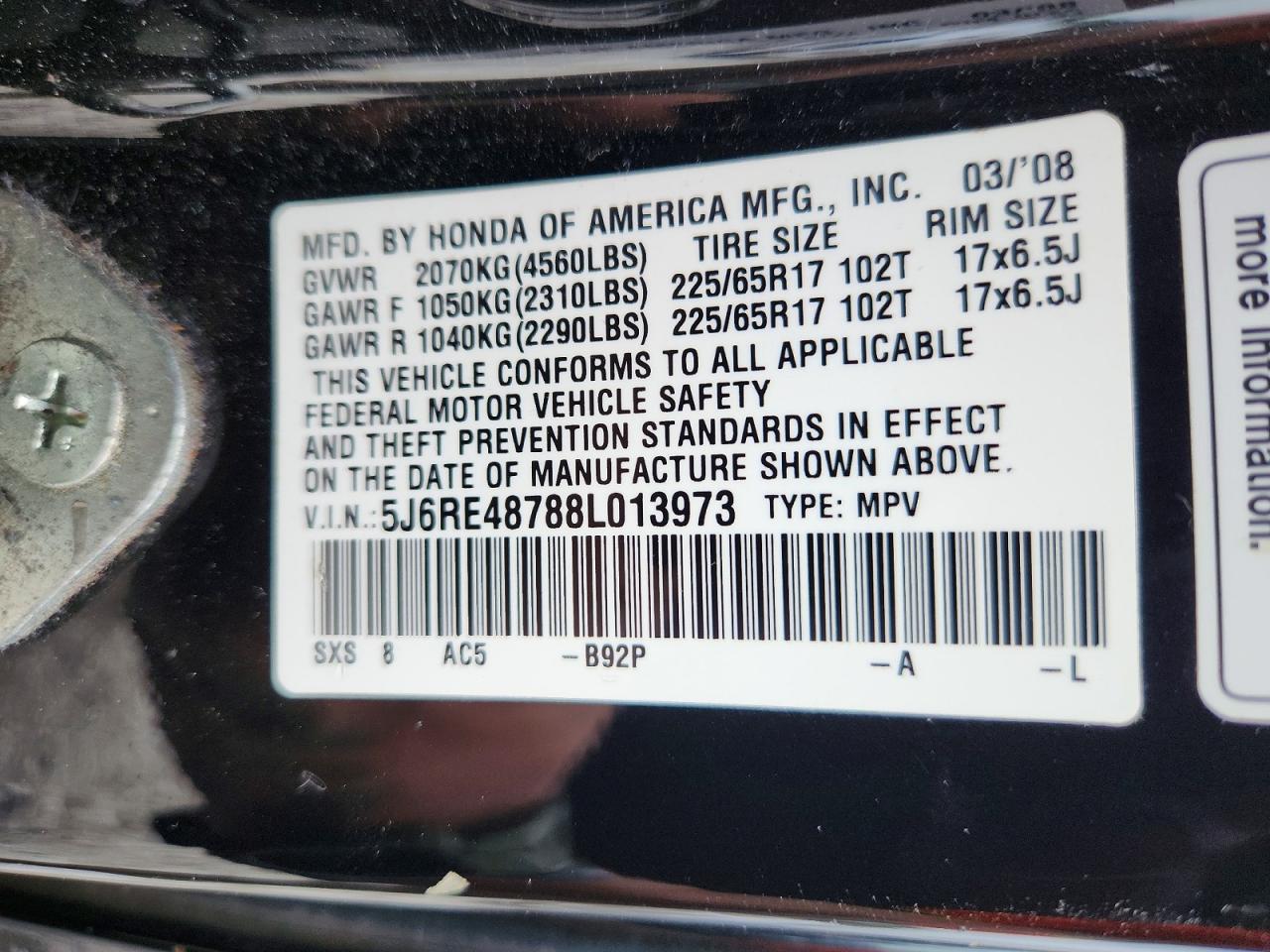 2008 Honda Cr-v Exl Black vin: 5J6RE48788L013973