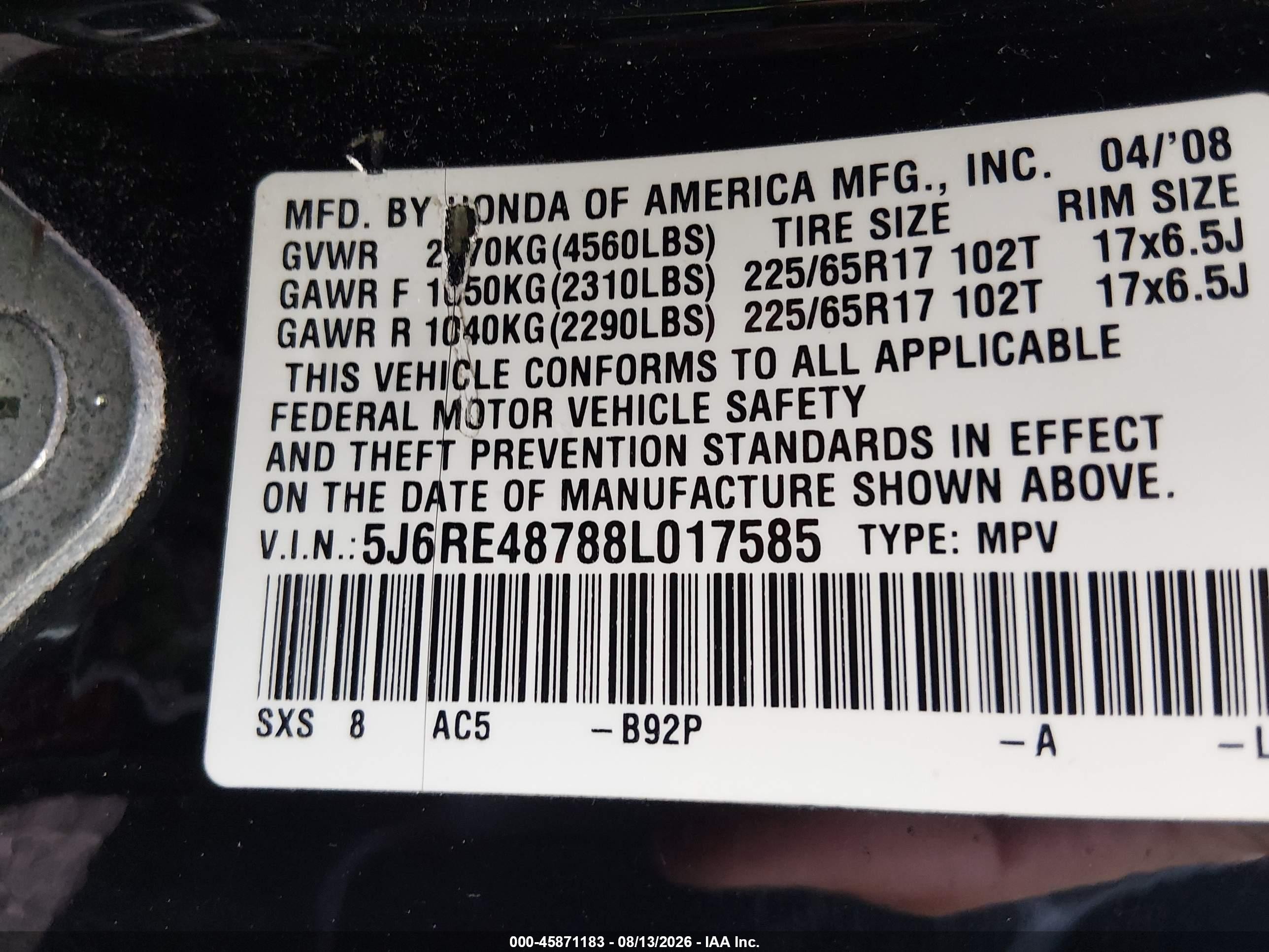2008 Honda Cr-v Ex-l Черный vin: 5J6RE48788L017585