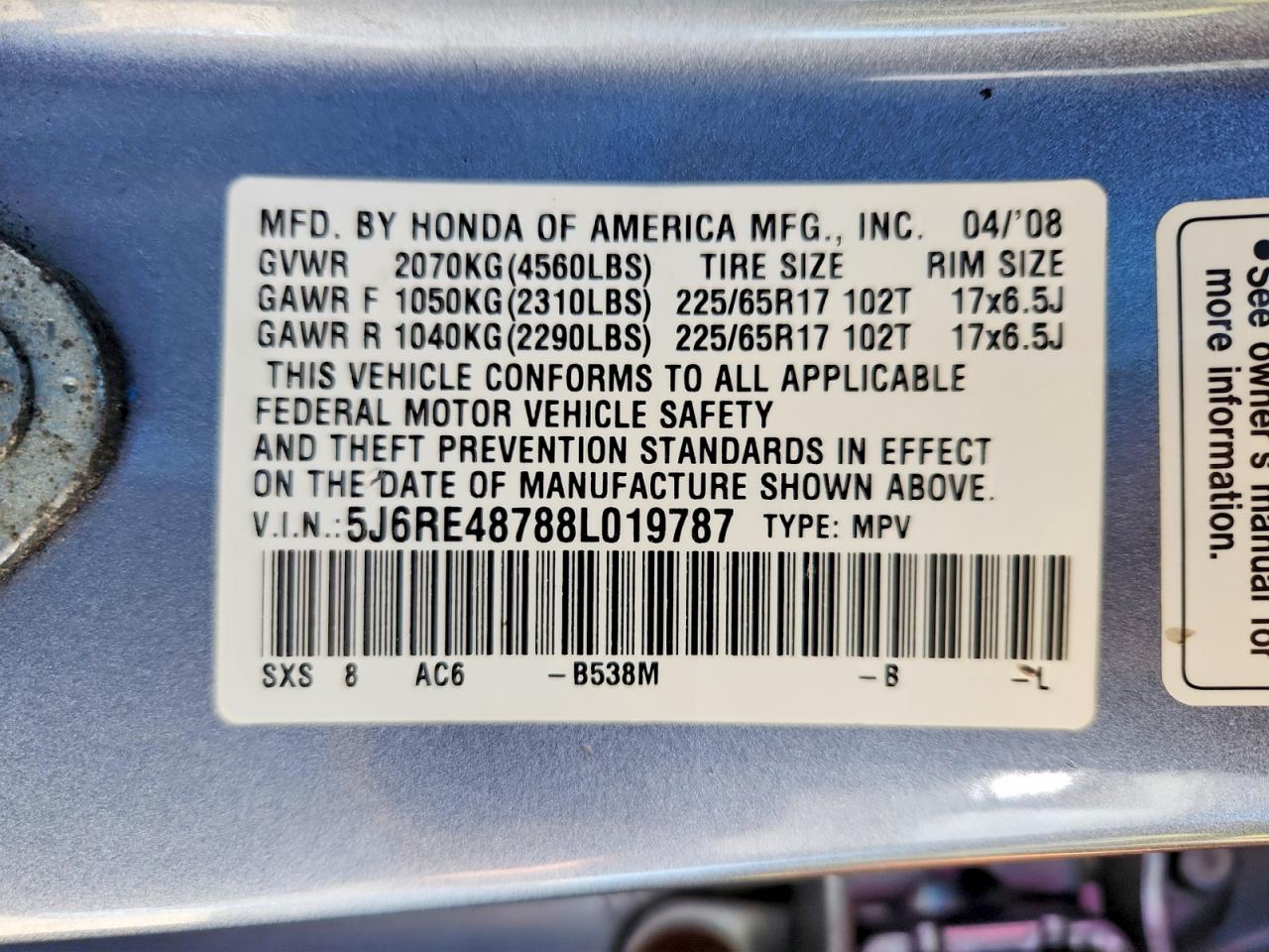 2008 Honda Cr-v Exl Silver vin: 5J6RE48788L019787