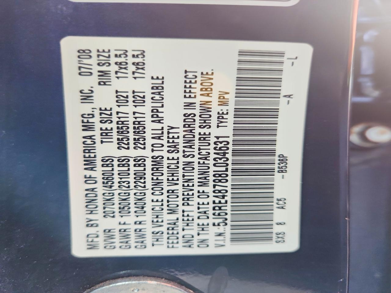 2008 Honda Cr-v Exl Blue vin: 5J6RE48788L034631