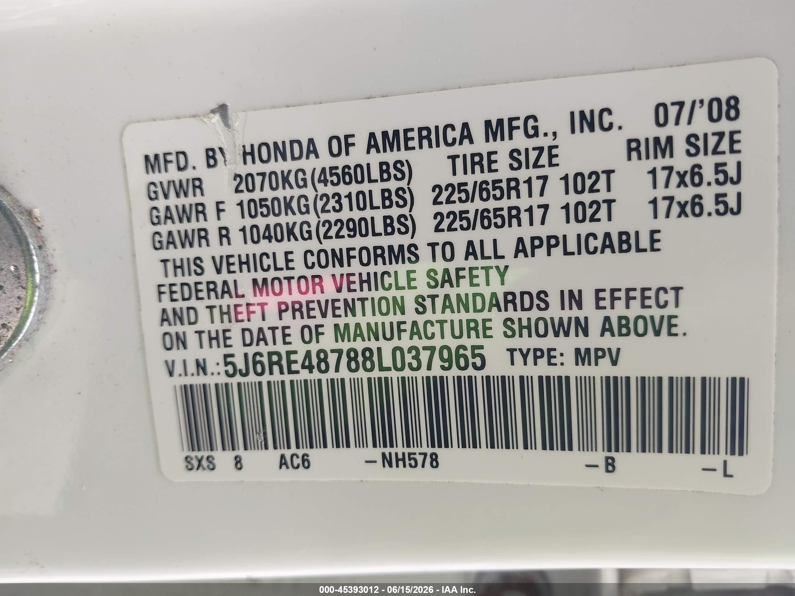 2008 Honda Cr-v Ex-l White vin: 5J6RE48788L037965