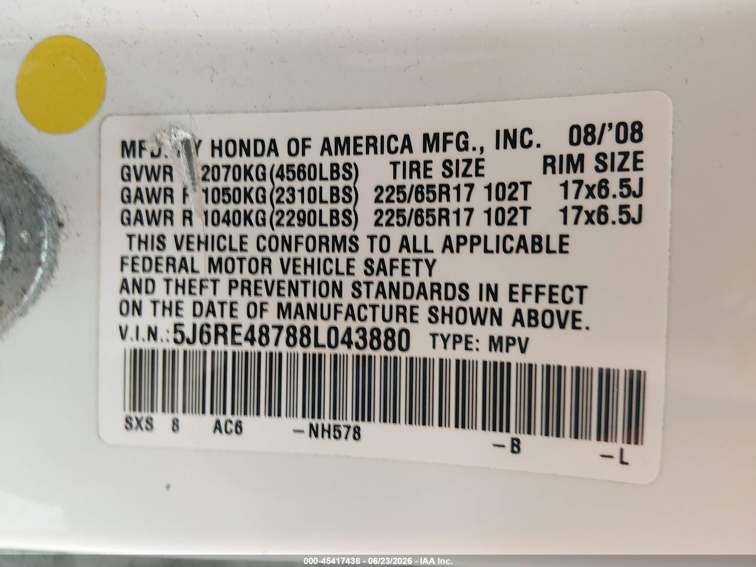 2008 Honda Cr-v Ex-l White vin: 5J6RE48788L043880