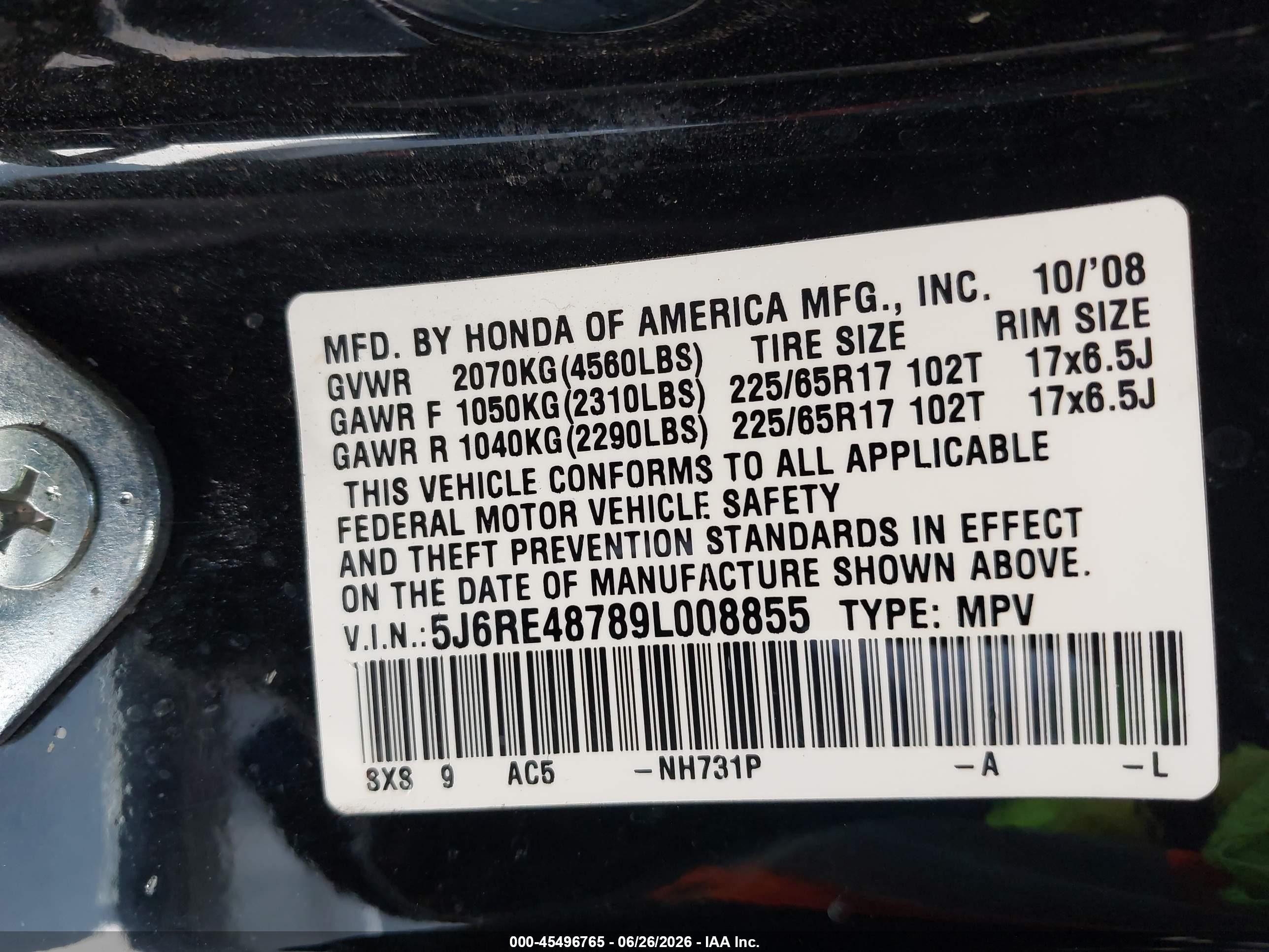 2009 Honda Cr-v Ex-l Черный vin: 5J6RE48789L008855