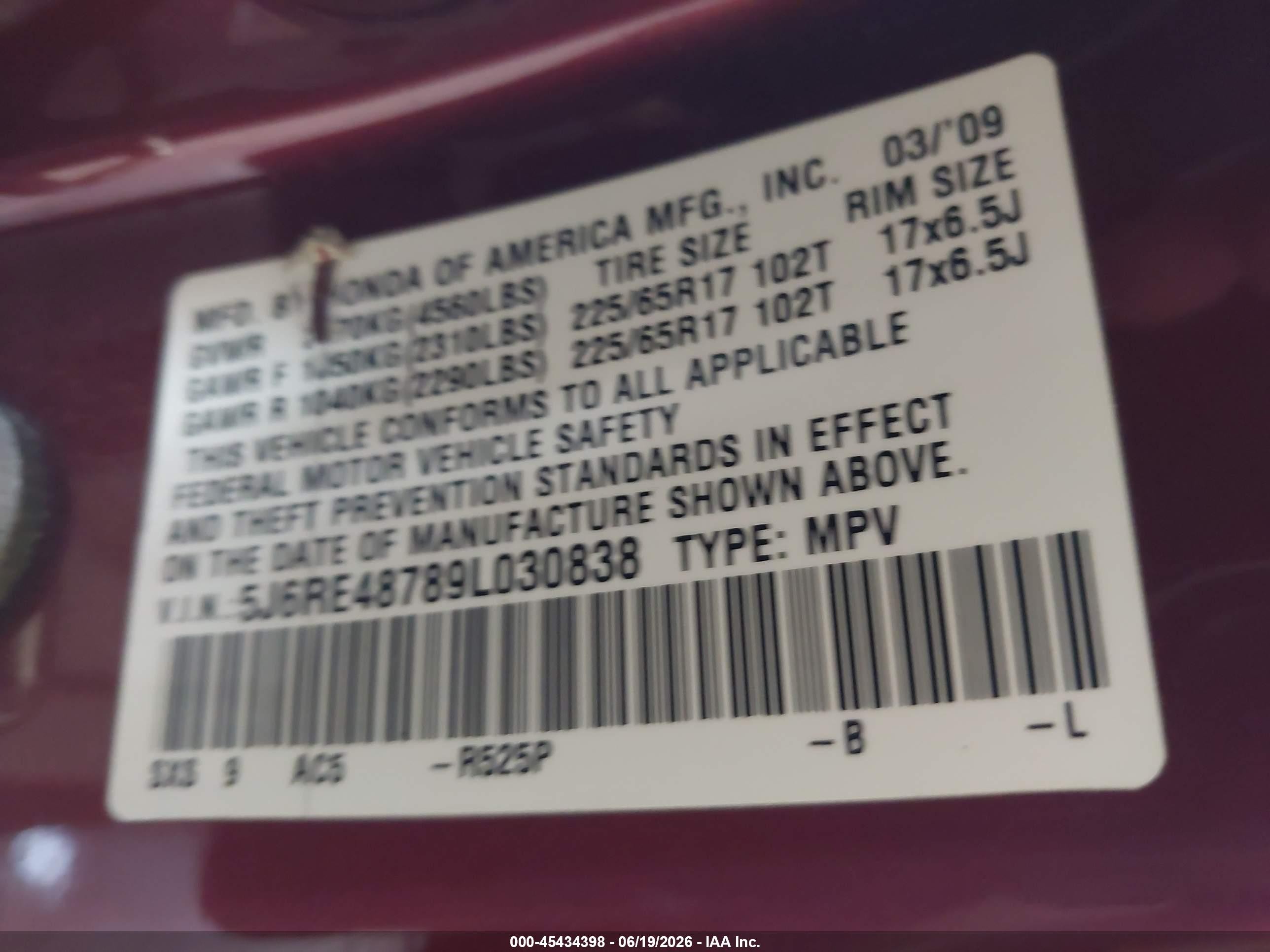 2009 Honda Cr-v Ex-l Red vin: 5J6RE48789L030838