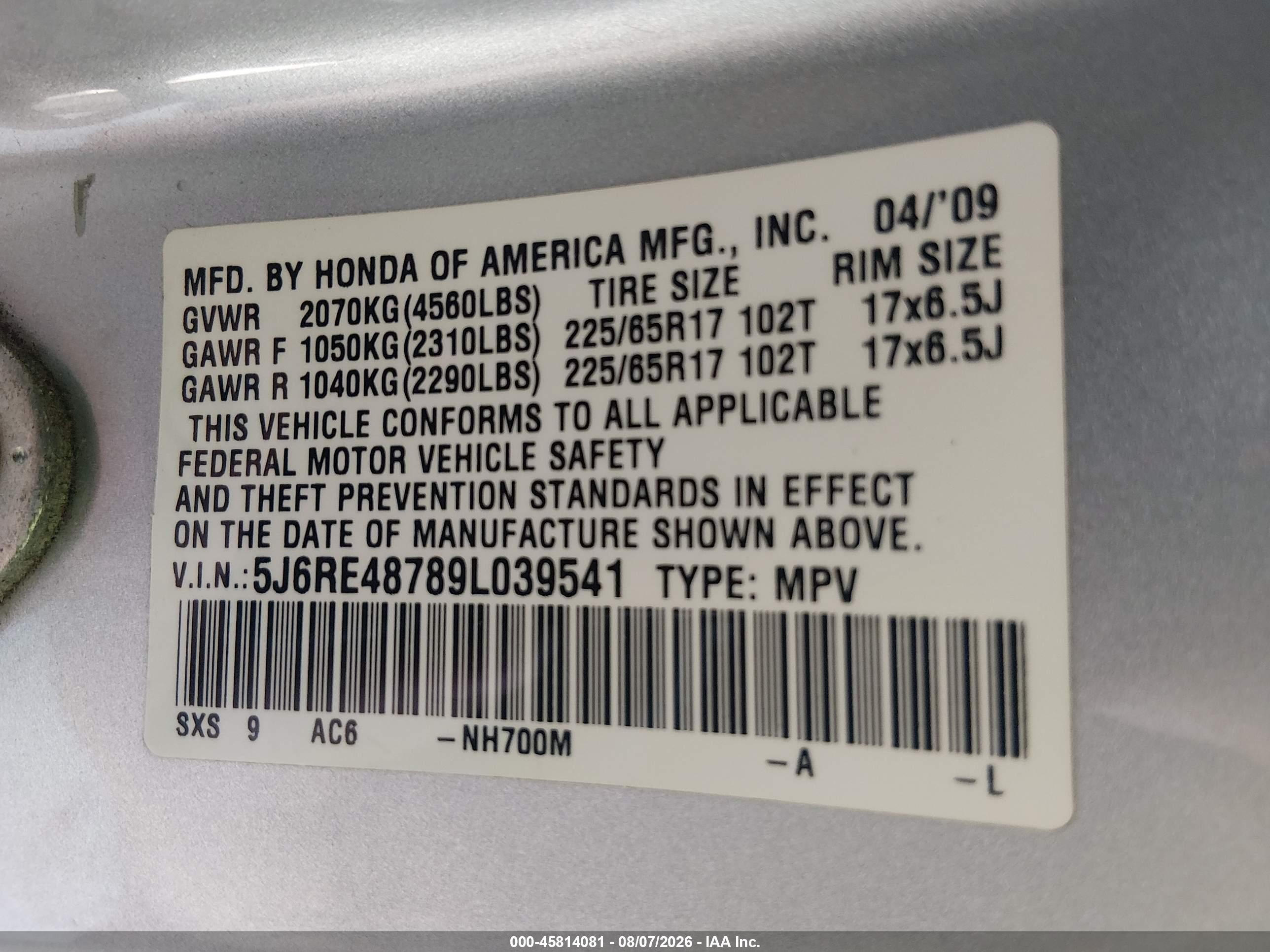 2009 Honda Cr-v Ex-l Silver vin: 5J6RE48789L039541