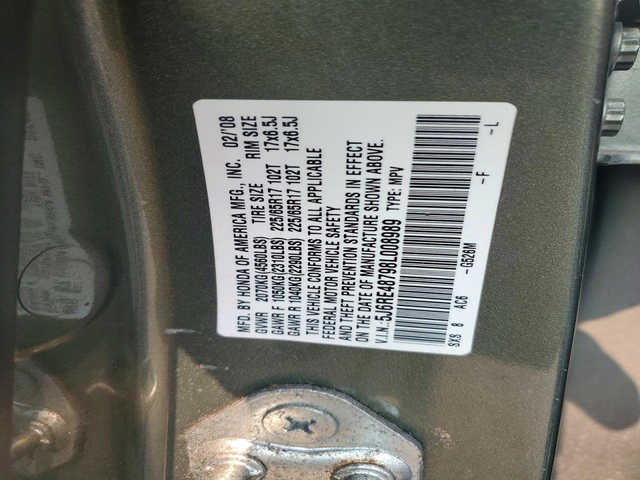 2008 Honda Cr-v Exl Green vin: 5J6RE48798L008989