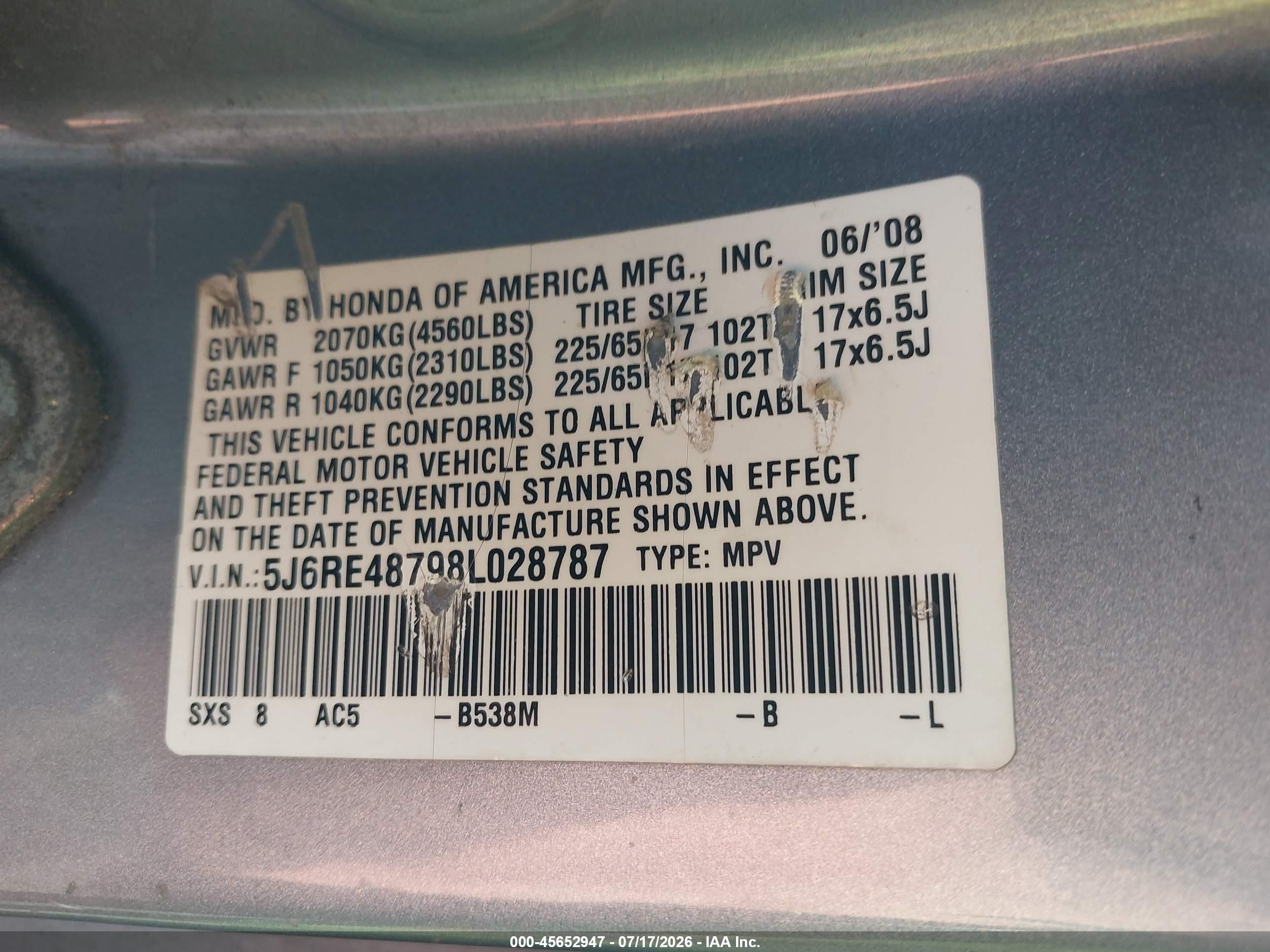 2008 Honda Cr-v Ex-l Light Blue vin: 5J6RE48798L028787