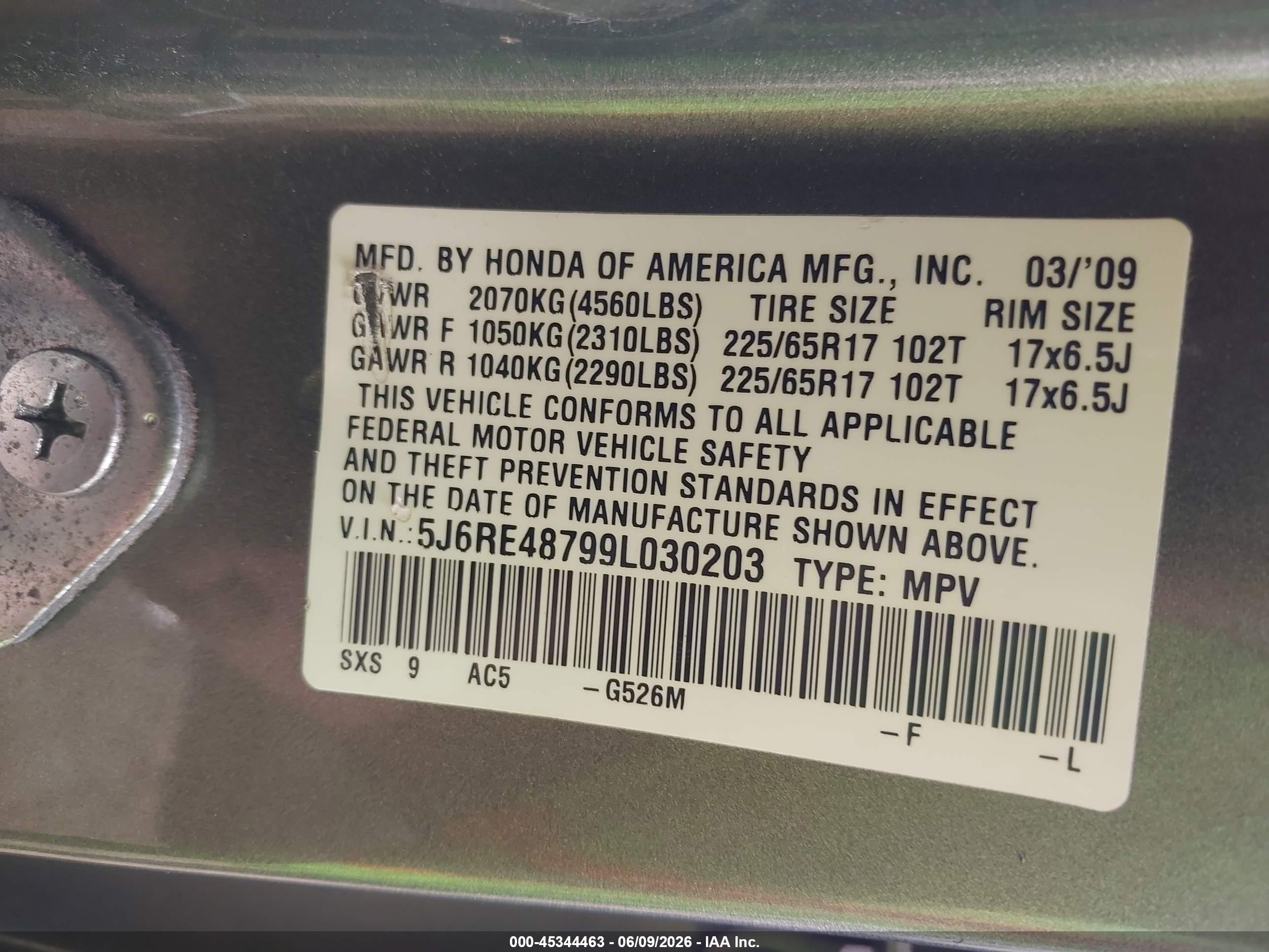 2009 Honda Cr-v Ex-l Green vin: 5J6RE48799L030203