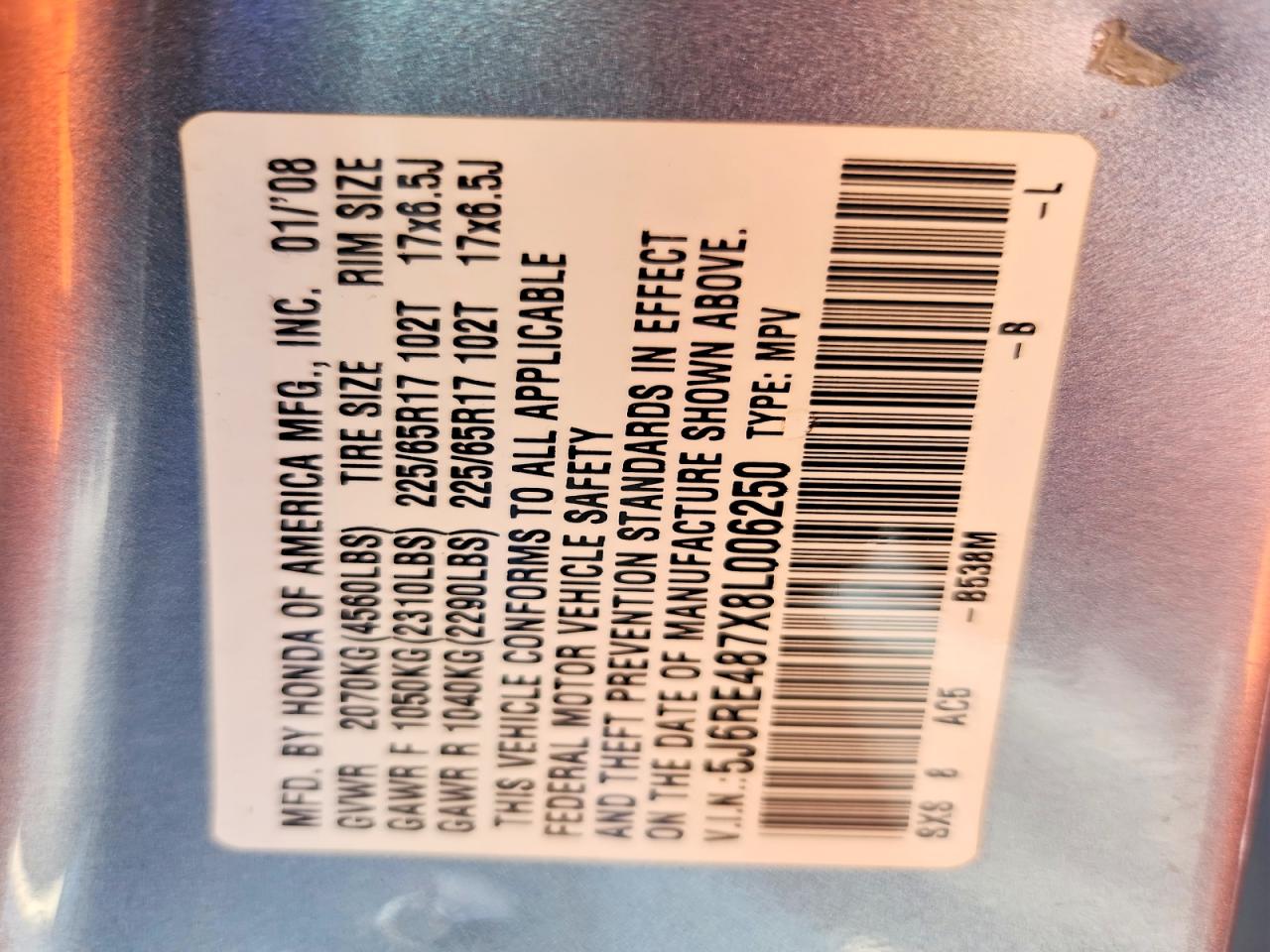 2008 Honda Cr-v Exl Silver vin: 5J6RE487X8L006250