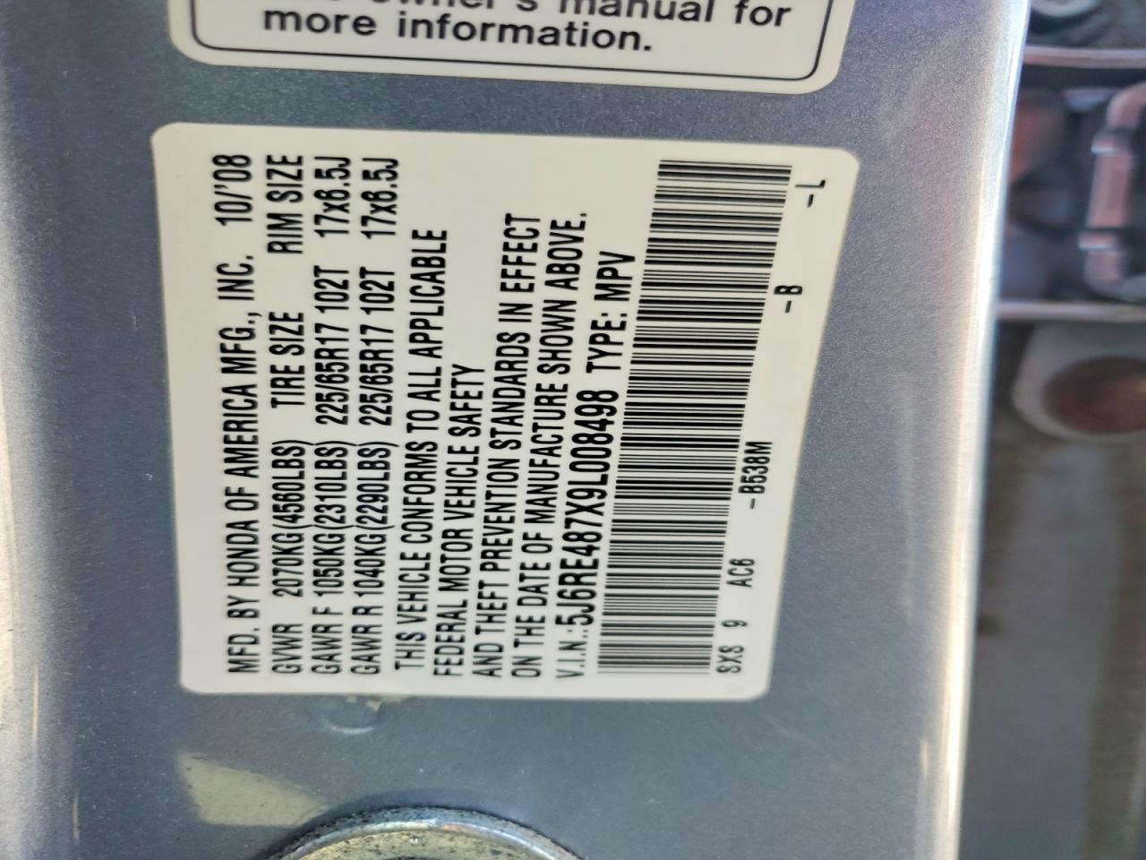 2009 Honda Cr-v Exl Blue vin: 5J6RE487X9L008498