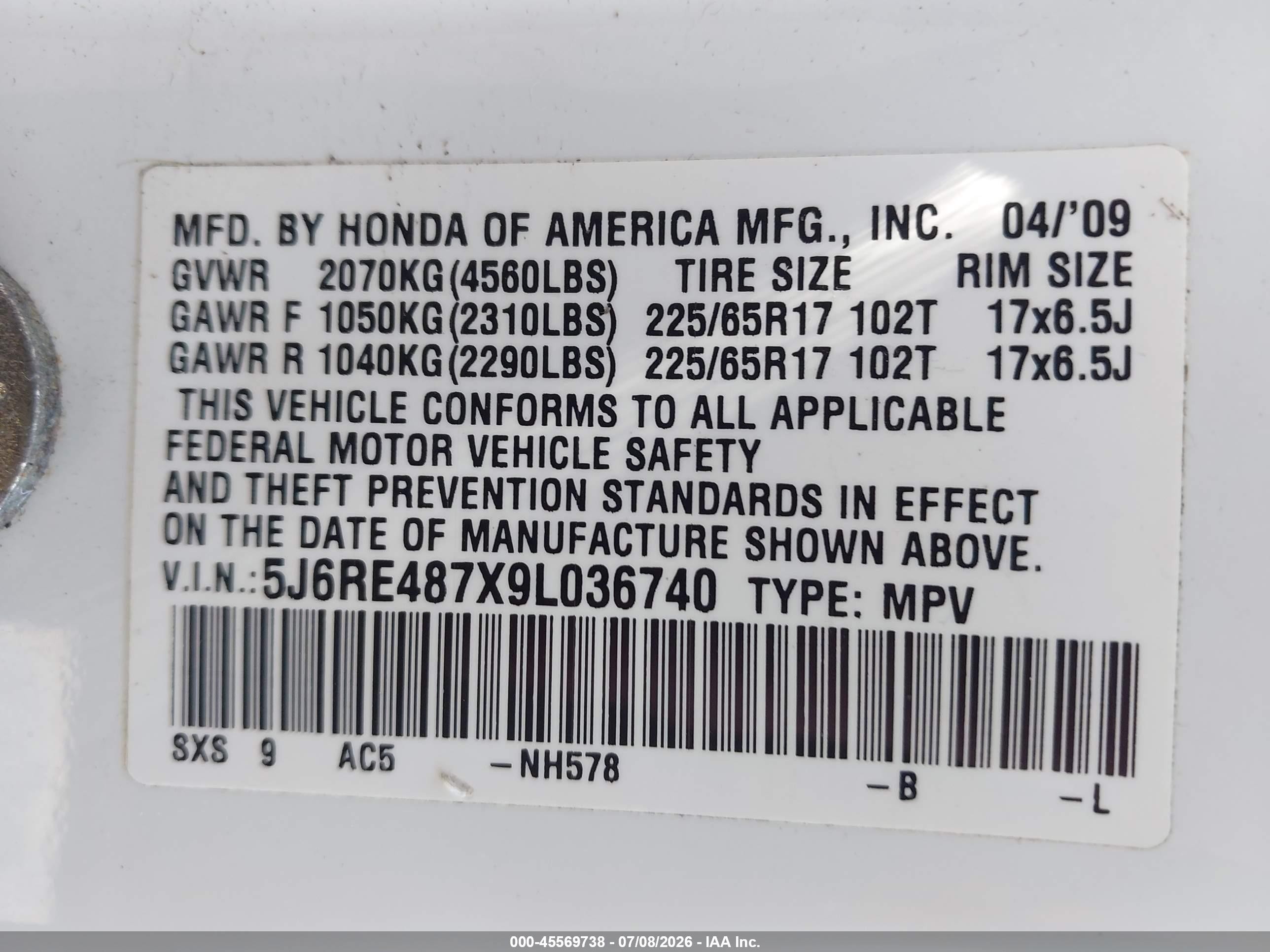 2009 Honda Cr-v Ex-l White vin: 5J6RE487X9L036740
