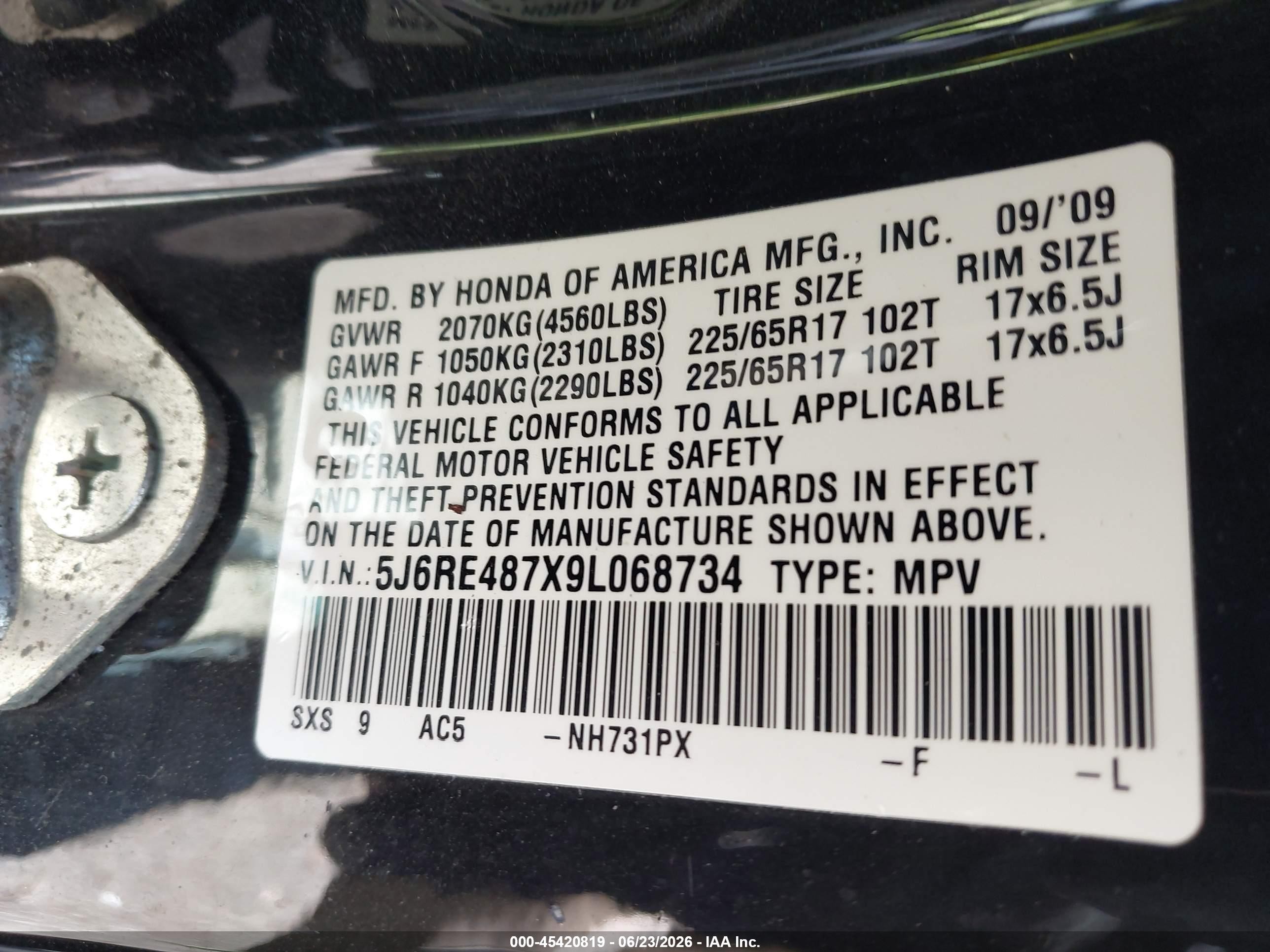 2009 Honda Cr-v Ex-l Black vin: 5J6RE487X9L068734
