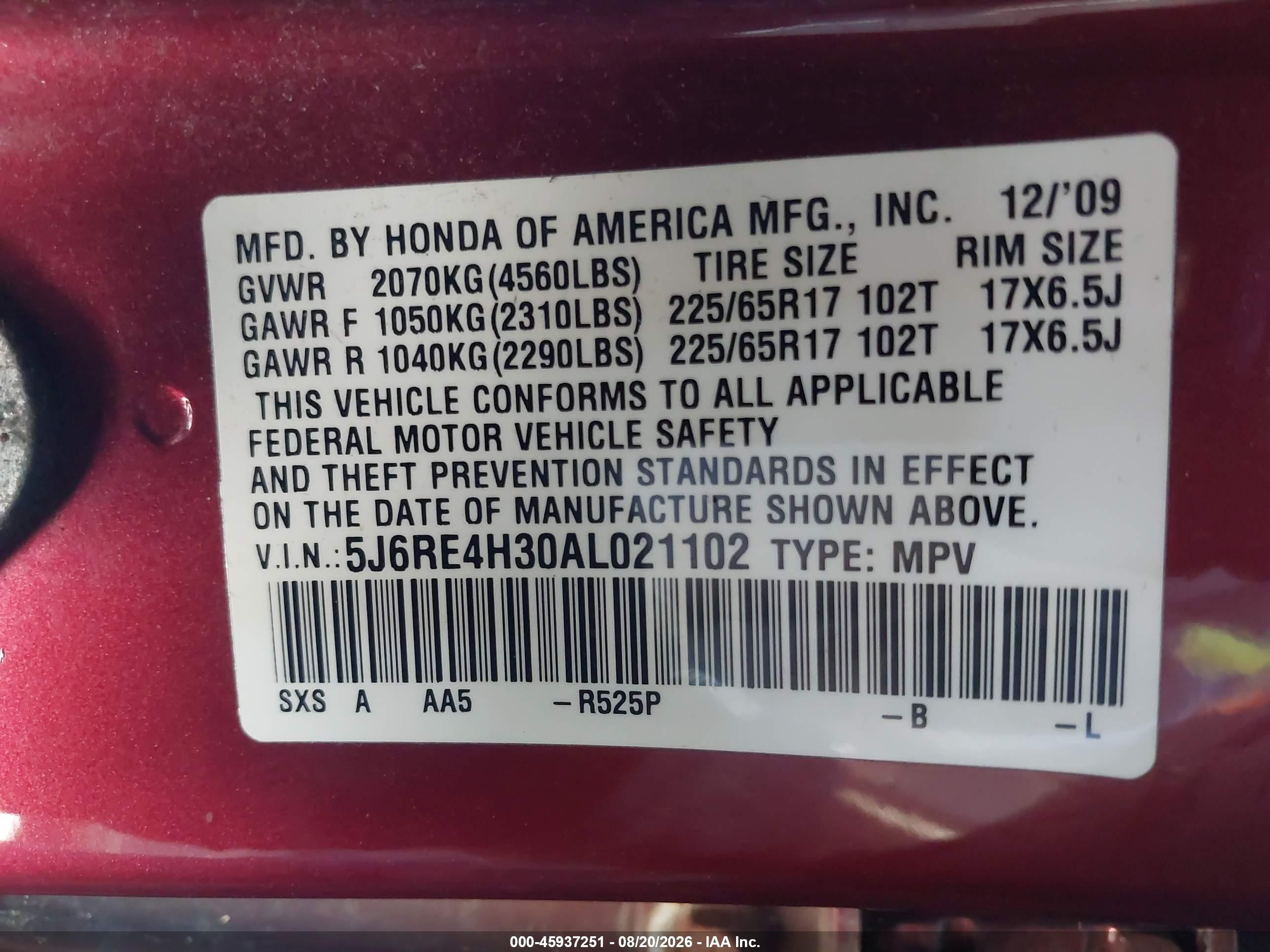 2010 Honda Cr-v Lx Red vin: 5J6RE4H30AL021102