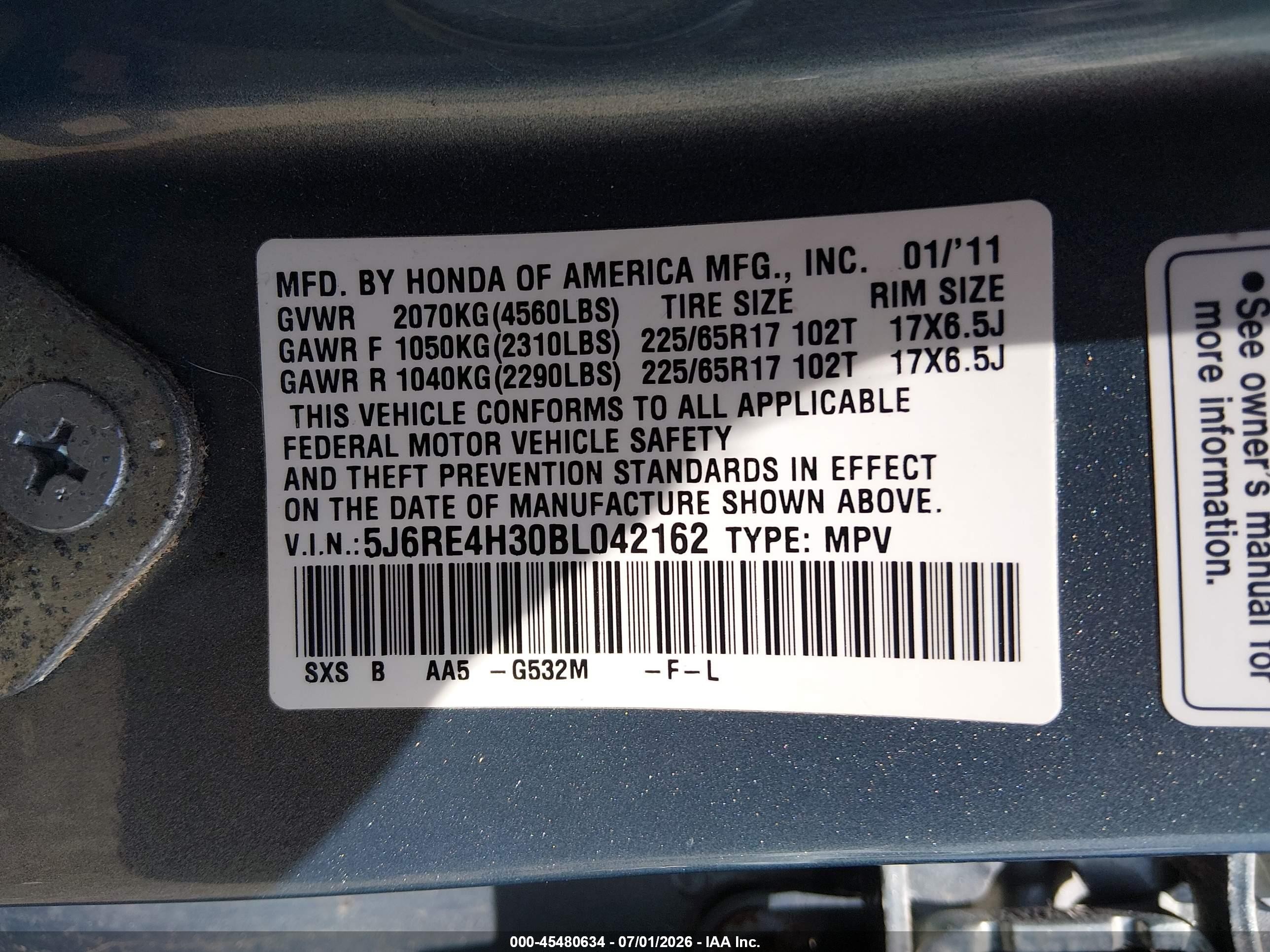2011 Honda Cr-v Lx Blue vin: 5J6RE4H30BL042162