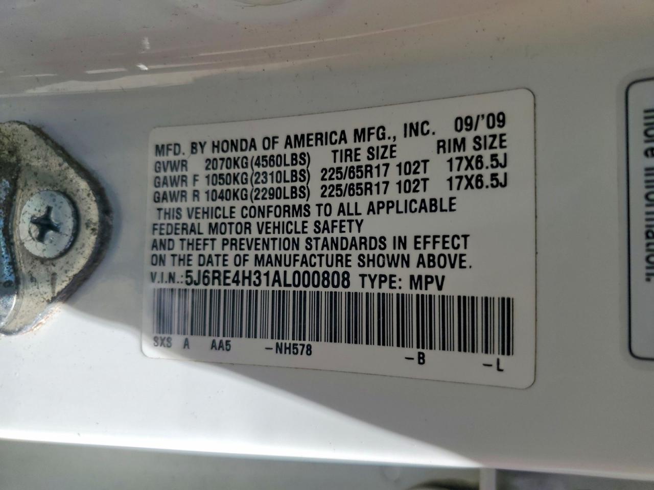 2010 Honda Cr-v Lx White vin: 5J6RE4H31AL000808