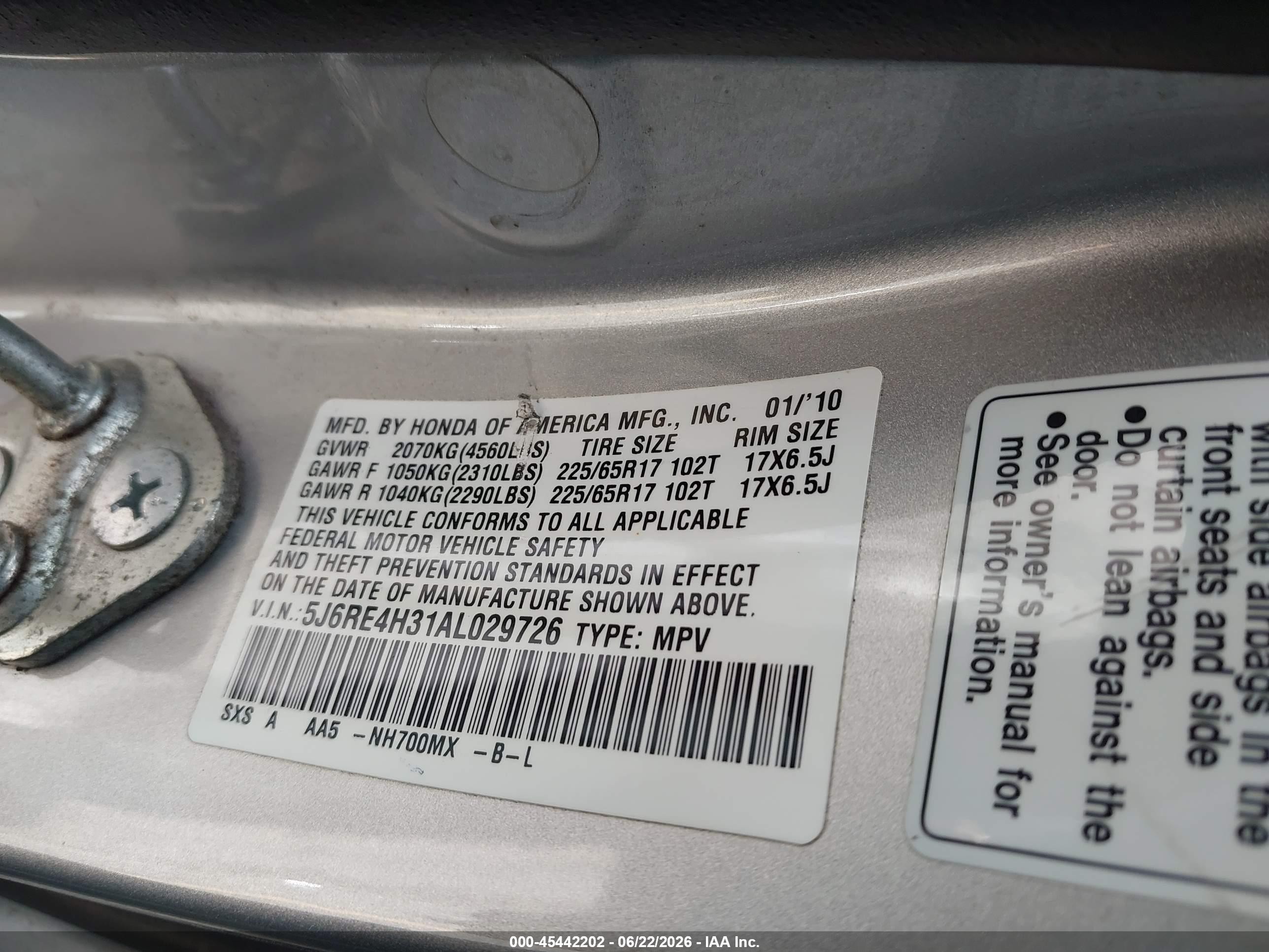 2010 Honda Cr-v Lx Silver vin: 5J6RE4H31AL029726
