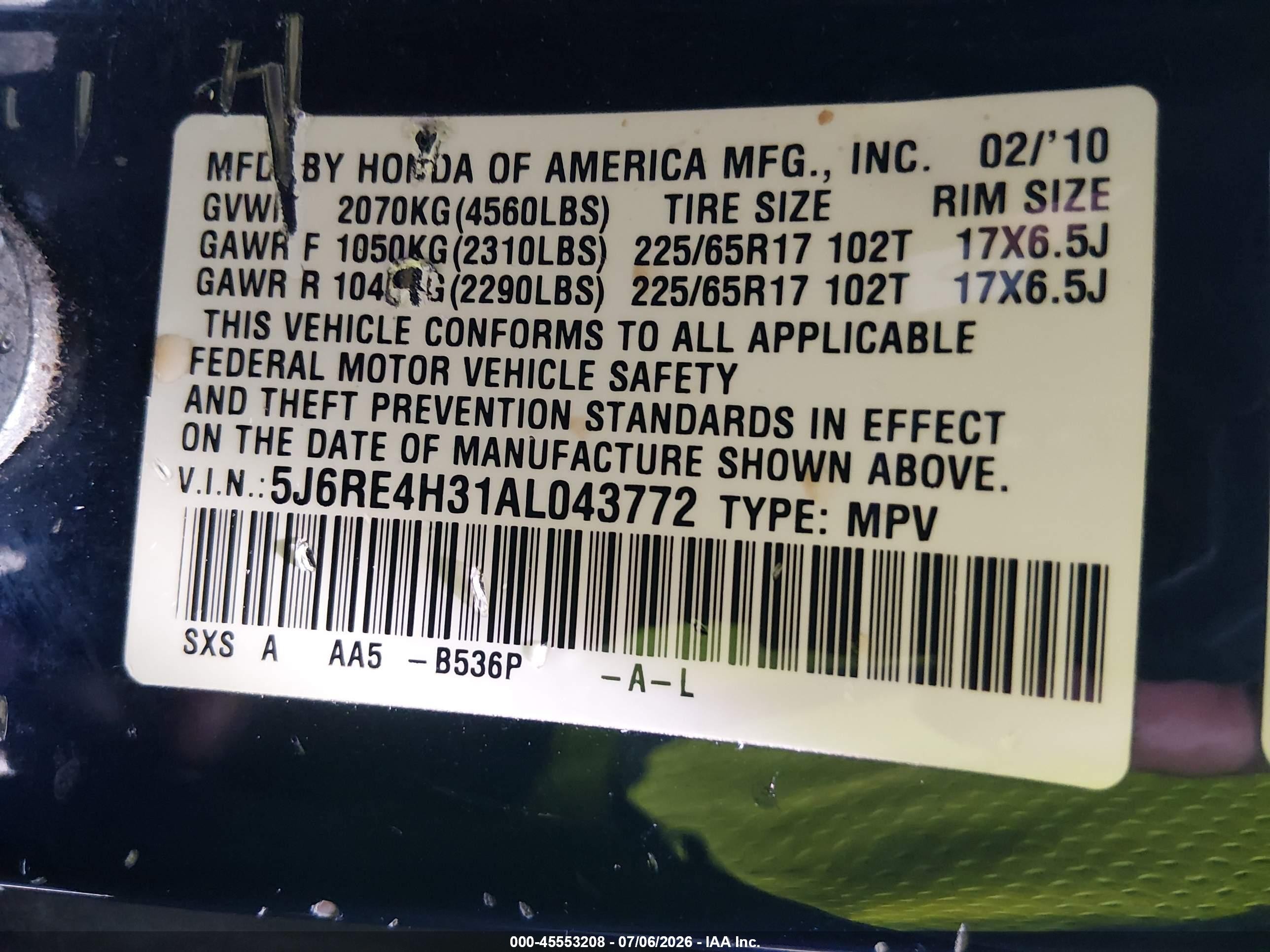 2010 Honda Cr-v Lx Blue vin: 5J6RE4H31AL043772