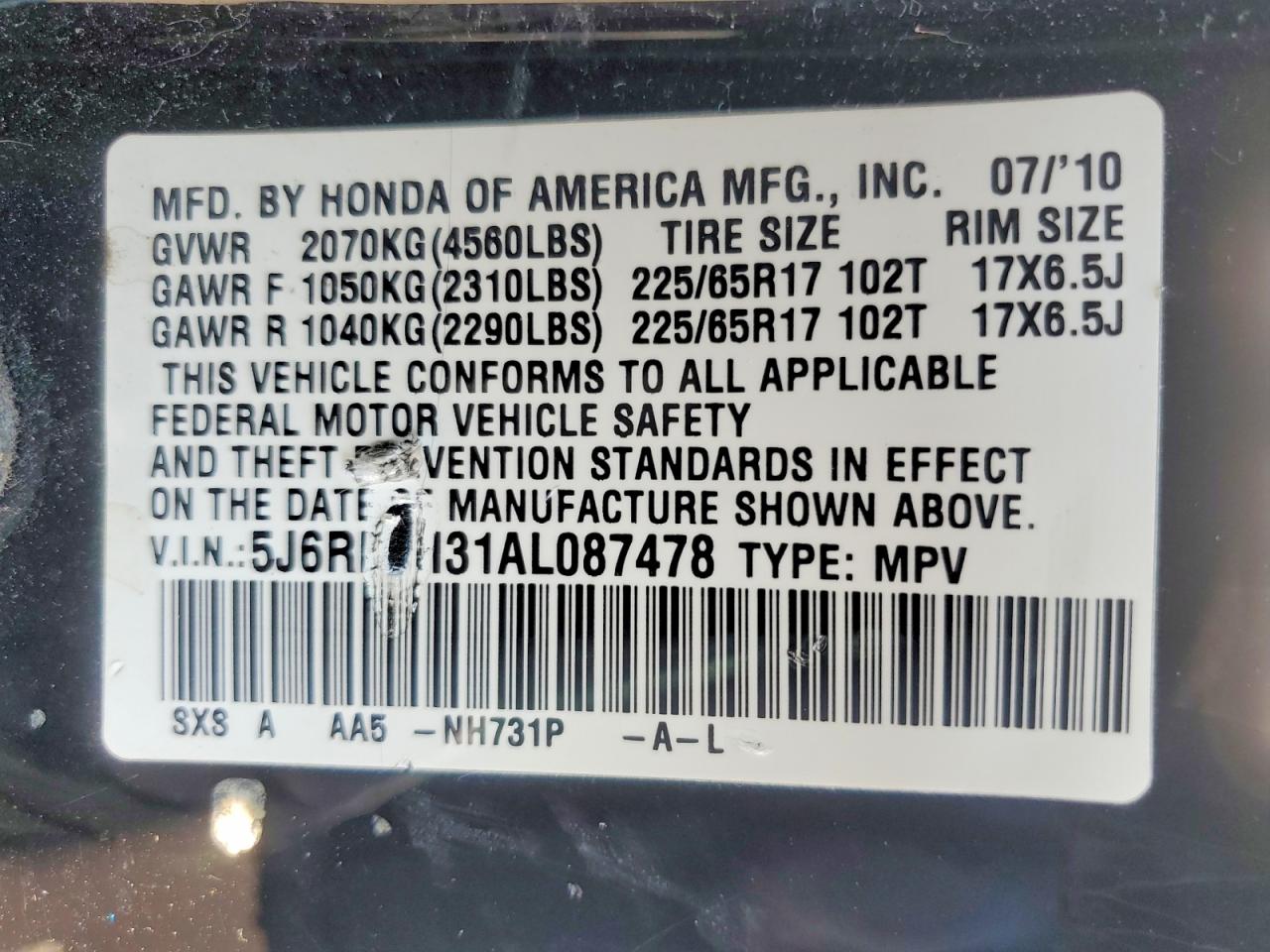 2010 Honda Cr-v Lx Black vin: 5J6RE4H31AL087478