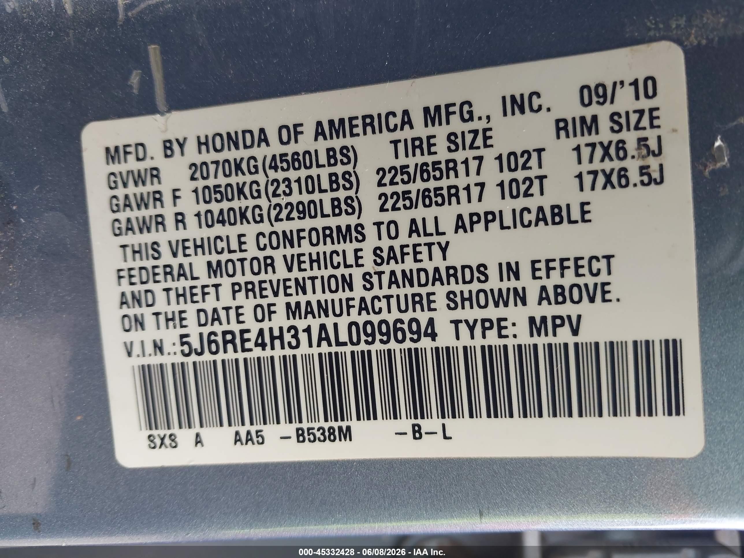 2010 Honda Cr-v Lx Light Blue vin: 5J6RE4H31AL099694
