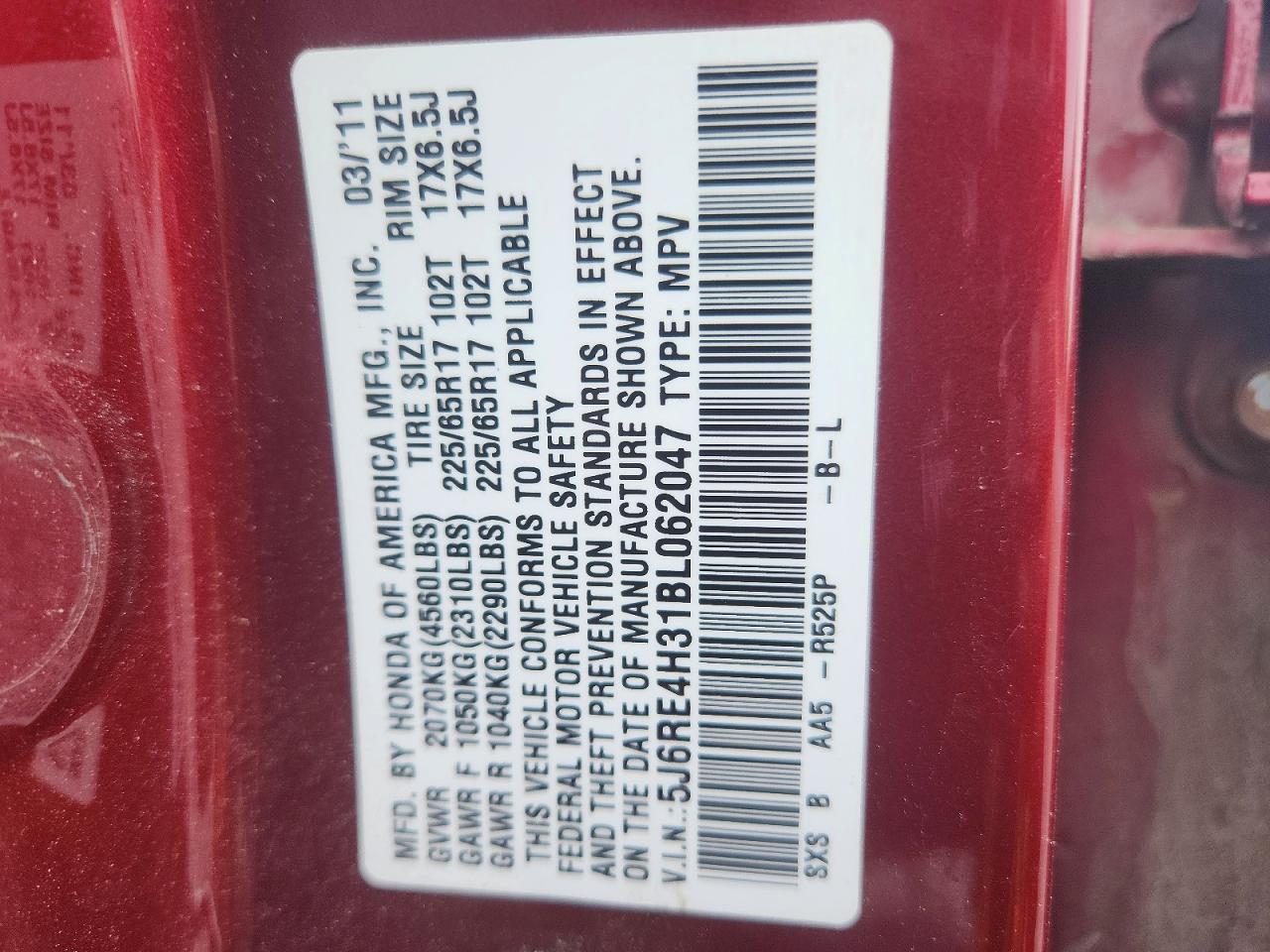2011 Honda Cr-v Lx Burgundy vin: 5J6RE4H31BL062047