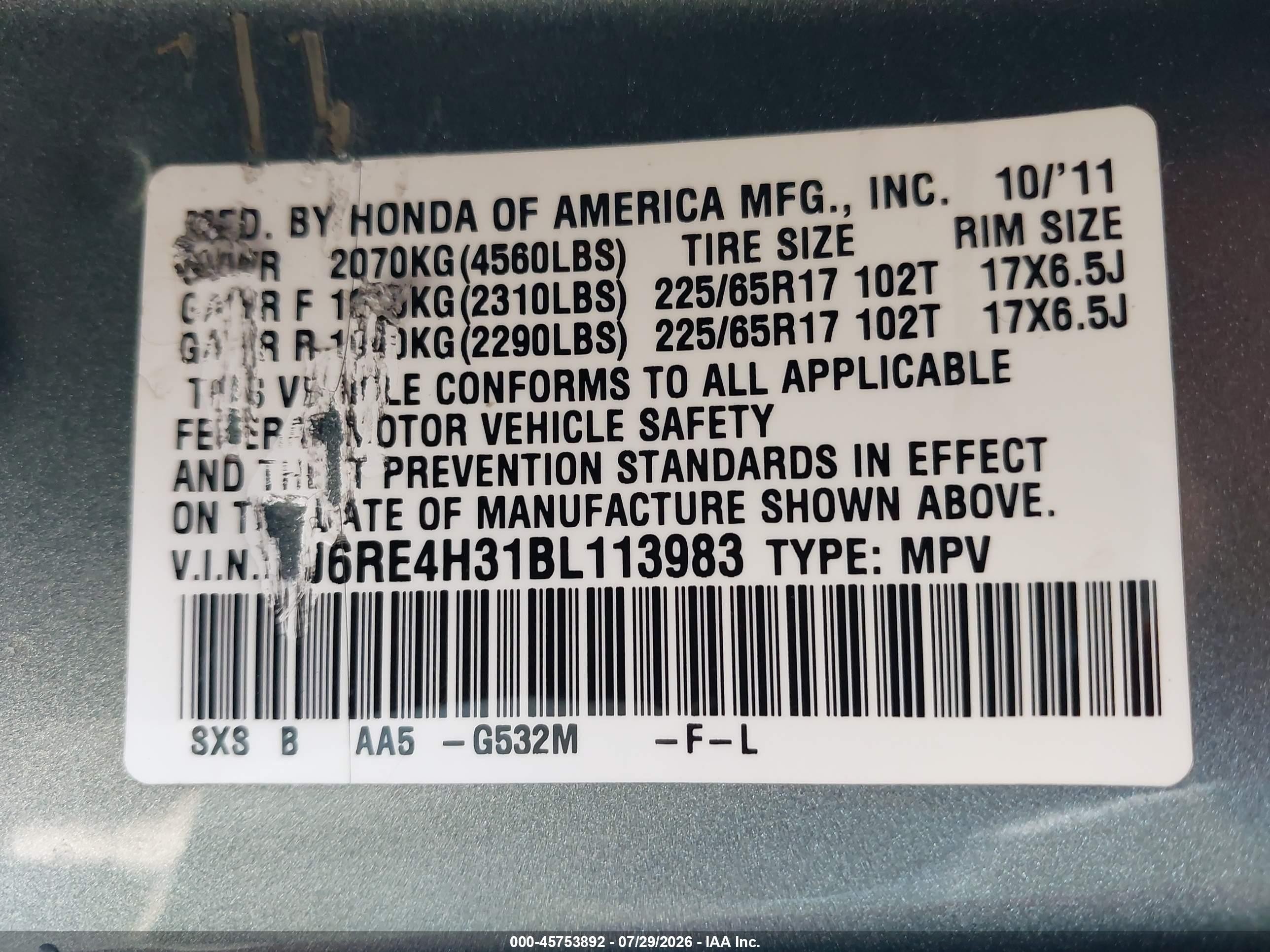 2011 Honda Cr-v Lx Light Blue vin: 5J6RE4H31BL113983