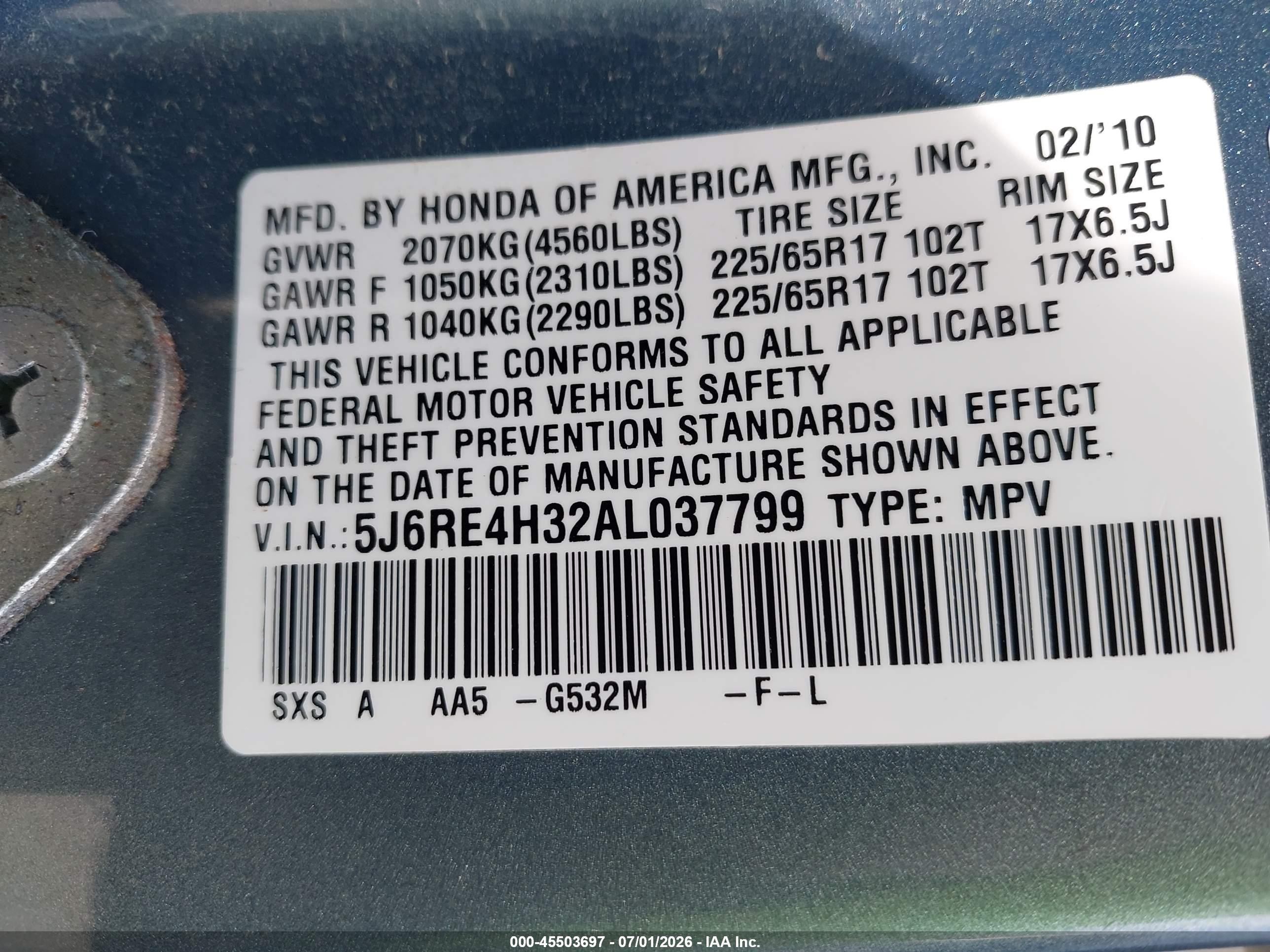 2010 Honda Cr-v Lx Blue vin: 5J6RE4H32AL037799