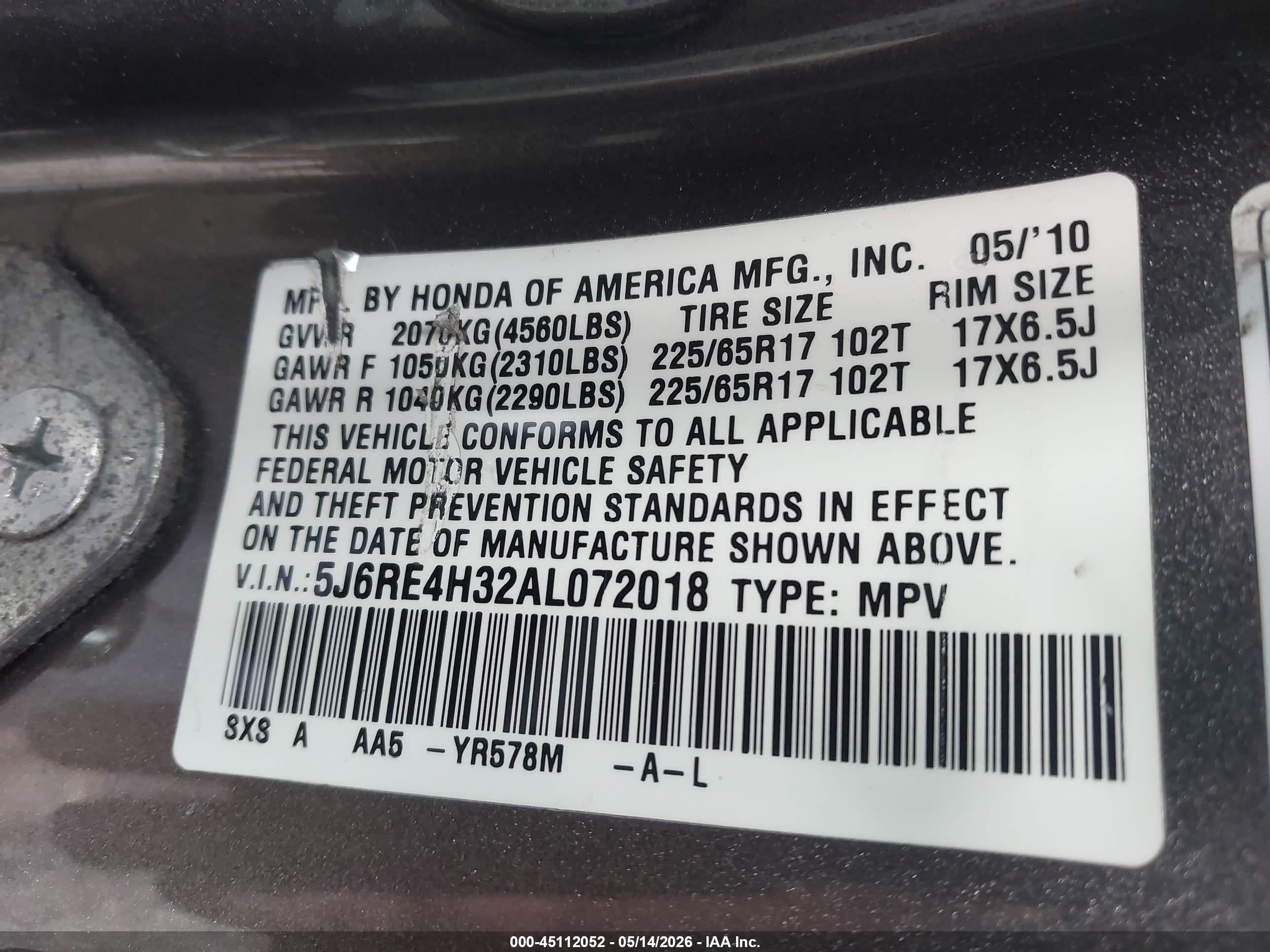 2010 Honda Cr-v Lx Gray vin: 5J6RE4H32AL072018